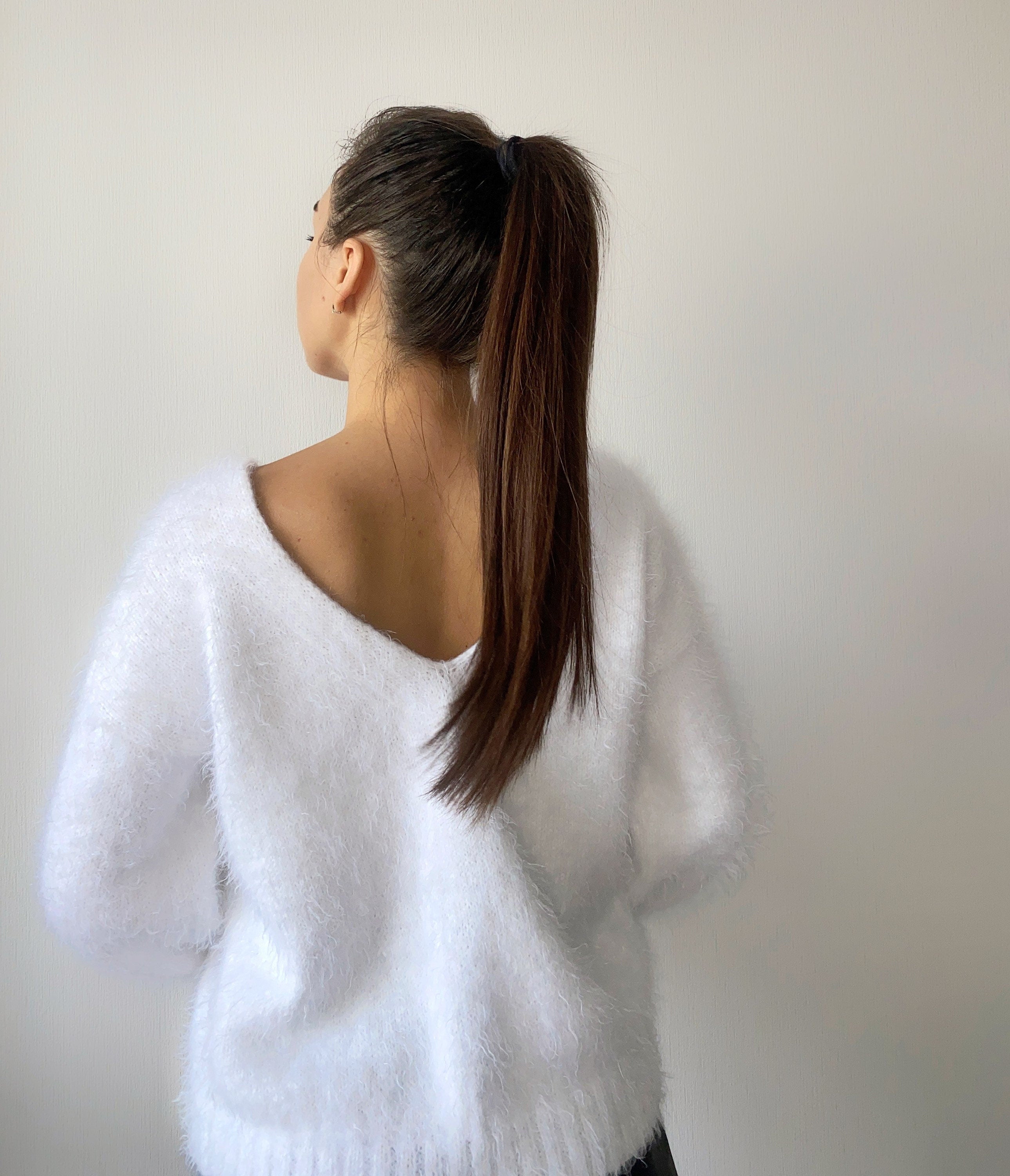 Body friendly white knit sweater Angora wool Hand knit open back Deep neckline Knit Milk pullover Loose fit oversized V-neck Fluffy Top