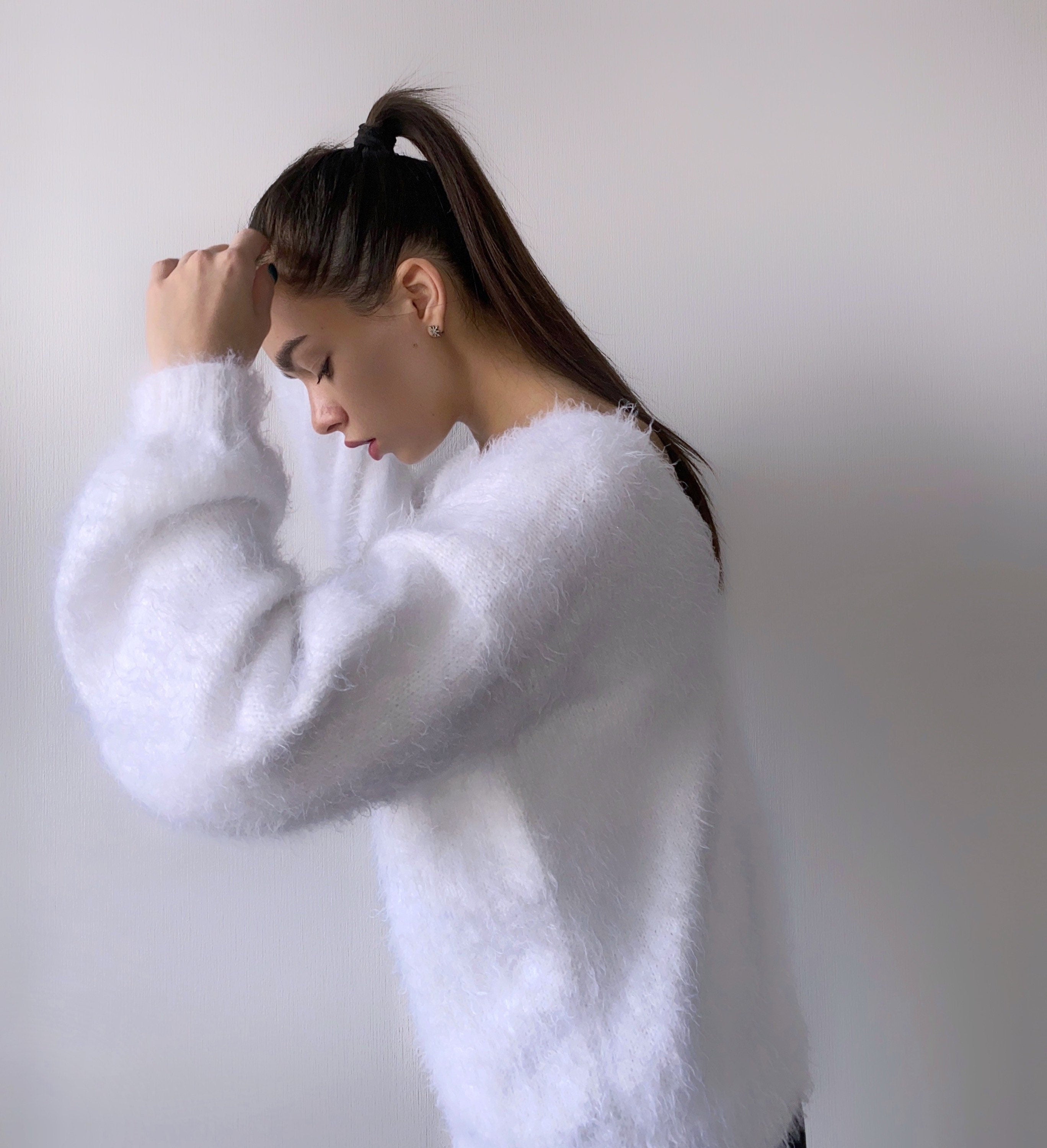 White soft fluffy hand knit body friendly sweater Open back Deep neckline Knit Milk fluffy pullover Loose fit oversized V-neck angora wool