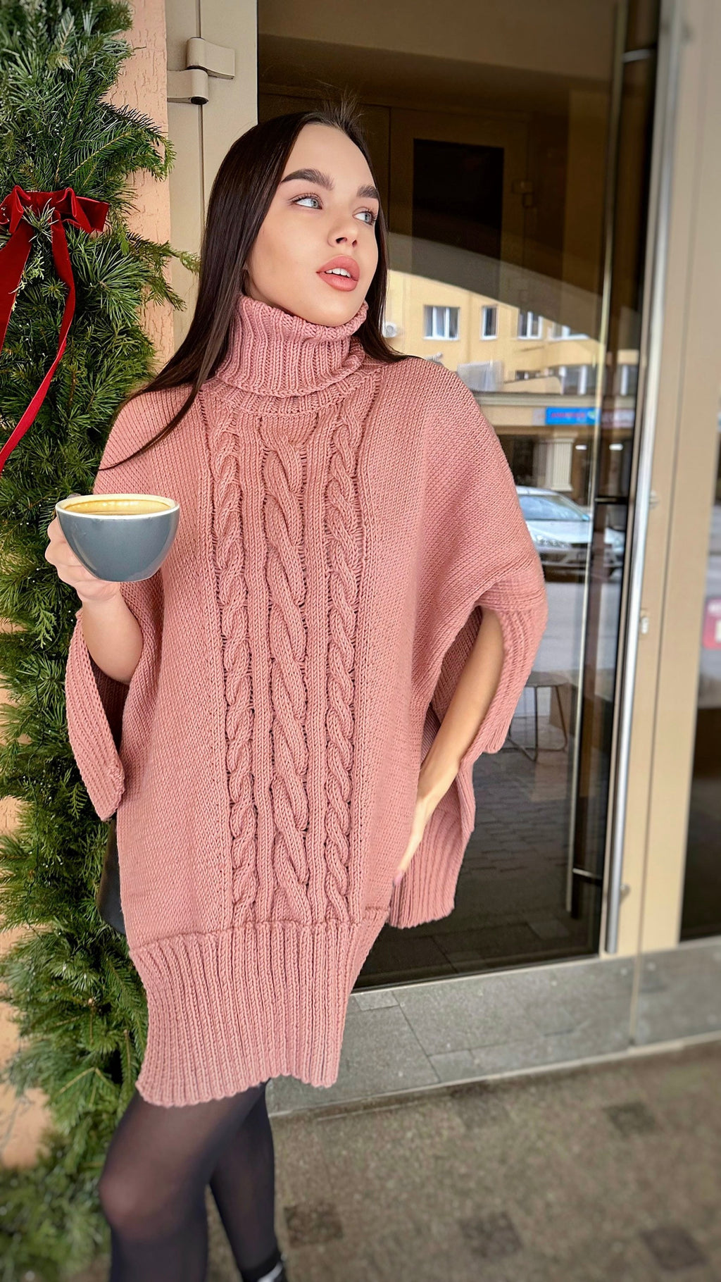 Cable hand knit sweater Sweater dress high collar turtleneck collar - accordion Brown Pink tunic with side slits Hand Knit oversize jumper