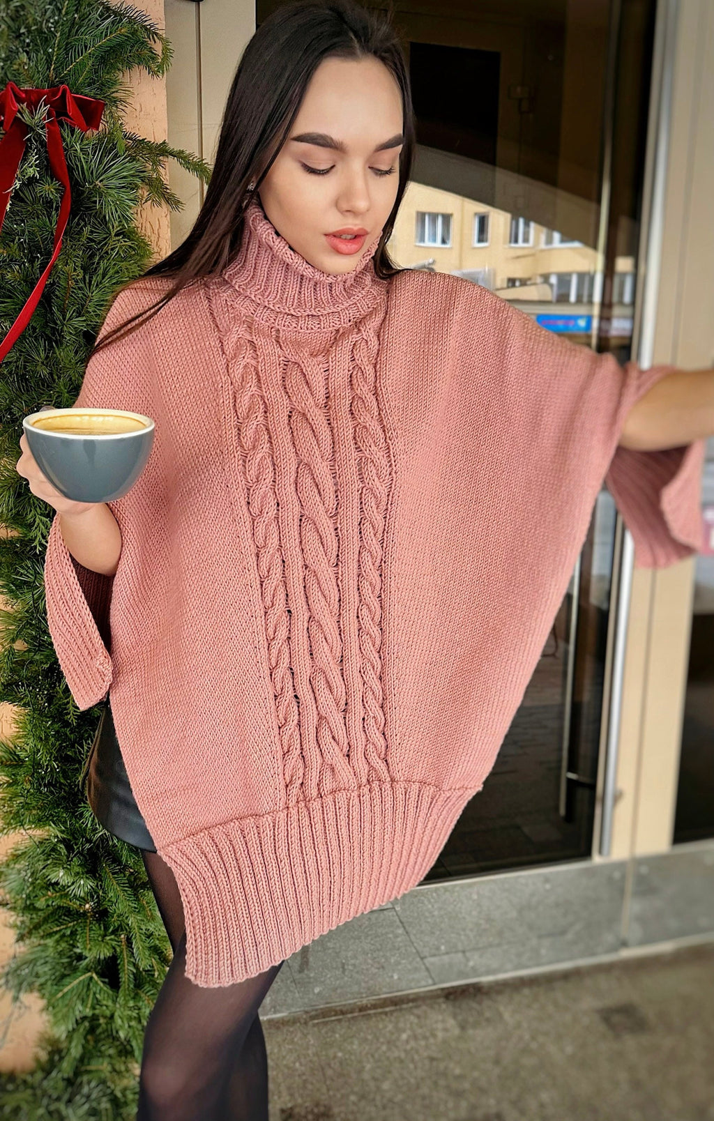 Cable hand knit sweater Sweater dress high collar turtleneck collar - accordion Brown Pink tunic with side slits Hand Knit oversize jumper
