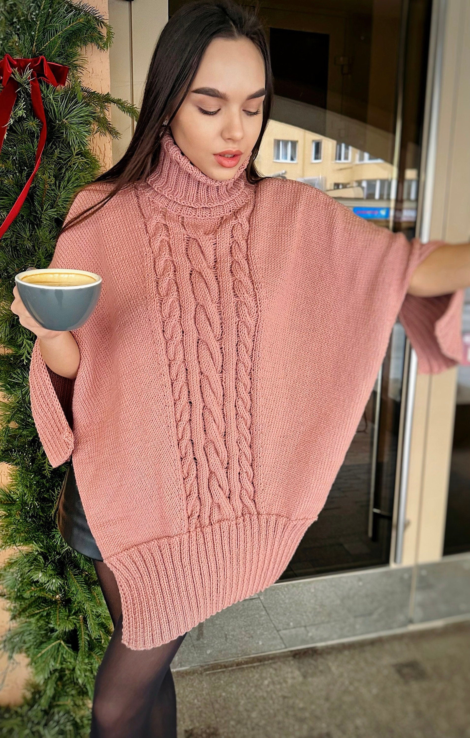Cable hand knit sweater Sweater dress high collar turtleneck collar - accordion Brown Pink tunic with side slits Hand Knit oversize jumper