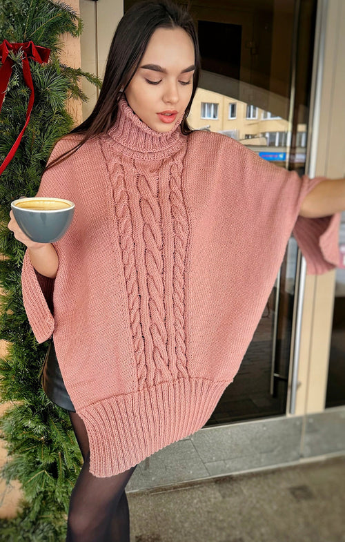 Cable hand knit sweater Sweater dress high collar turtleneck collar - accordion Brown Pink tunic with side slits Hand Knit oversize jumper
