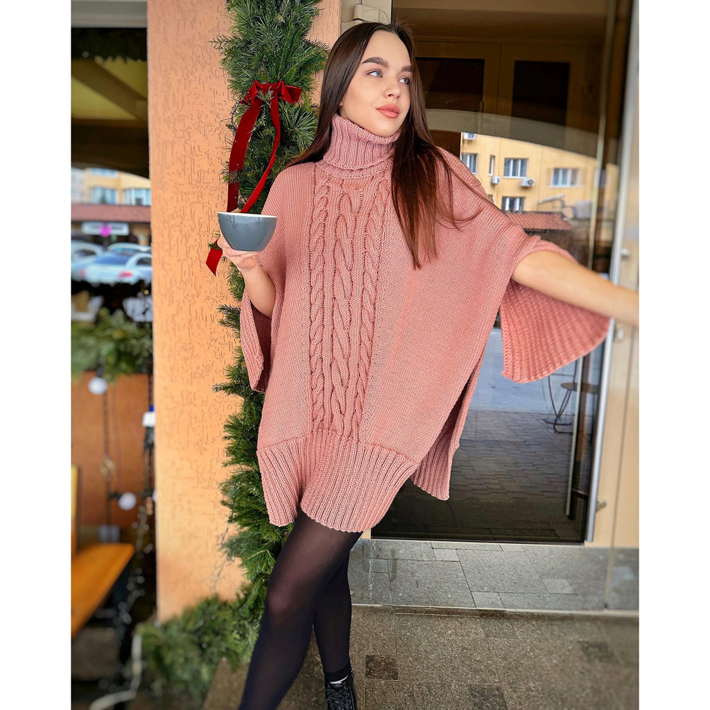 Cable hand knit sweater Sweater dress high collar turtleneck collar - accordion Brown Pink tunic with side slits Hand Knit oversize jumper