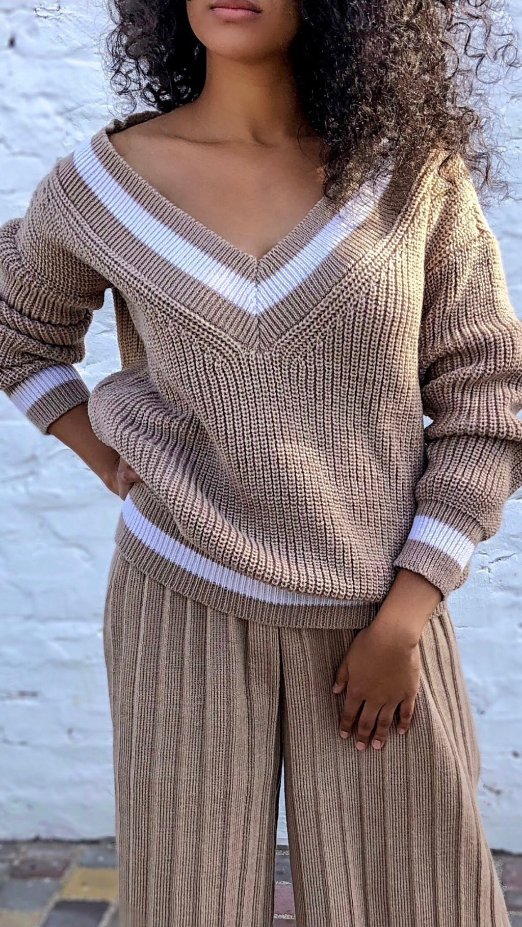 Two pieces knit womens suit beige Set Culotte pants/sweater Warm wool knitted suit Vintage costume Minimalist oversize suit/trousers pleated