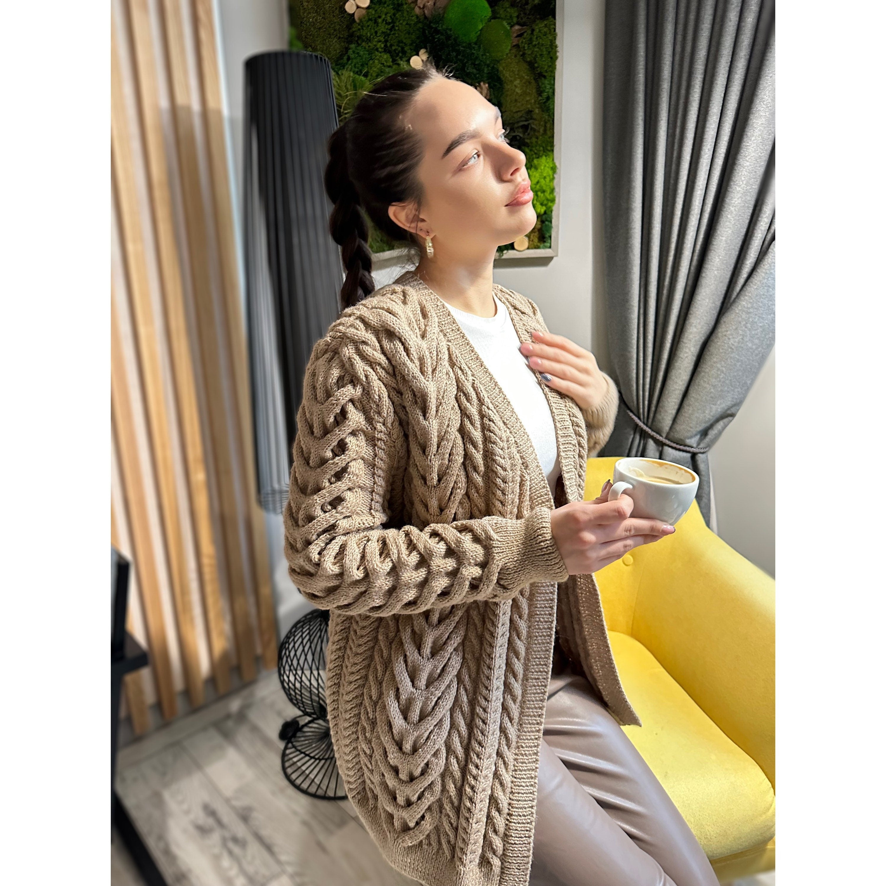 Hand knit wool pastel сardigan women Chunky knit beige cardigan Knitted jacket Cable knit cardigan Chunky knit sweater Fall pullover
