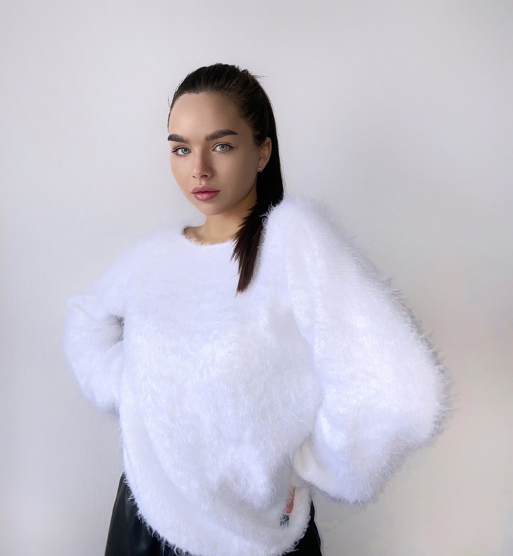 Body friendly white knit sweater Angora wool Hand knit open back Deep neckline Knit Milk pullover Loose fit oversized V-neck Fluffy Top