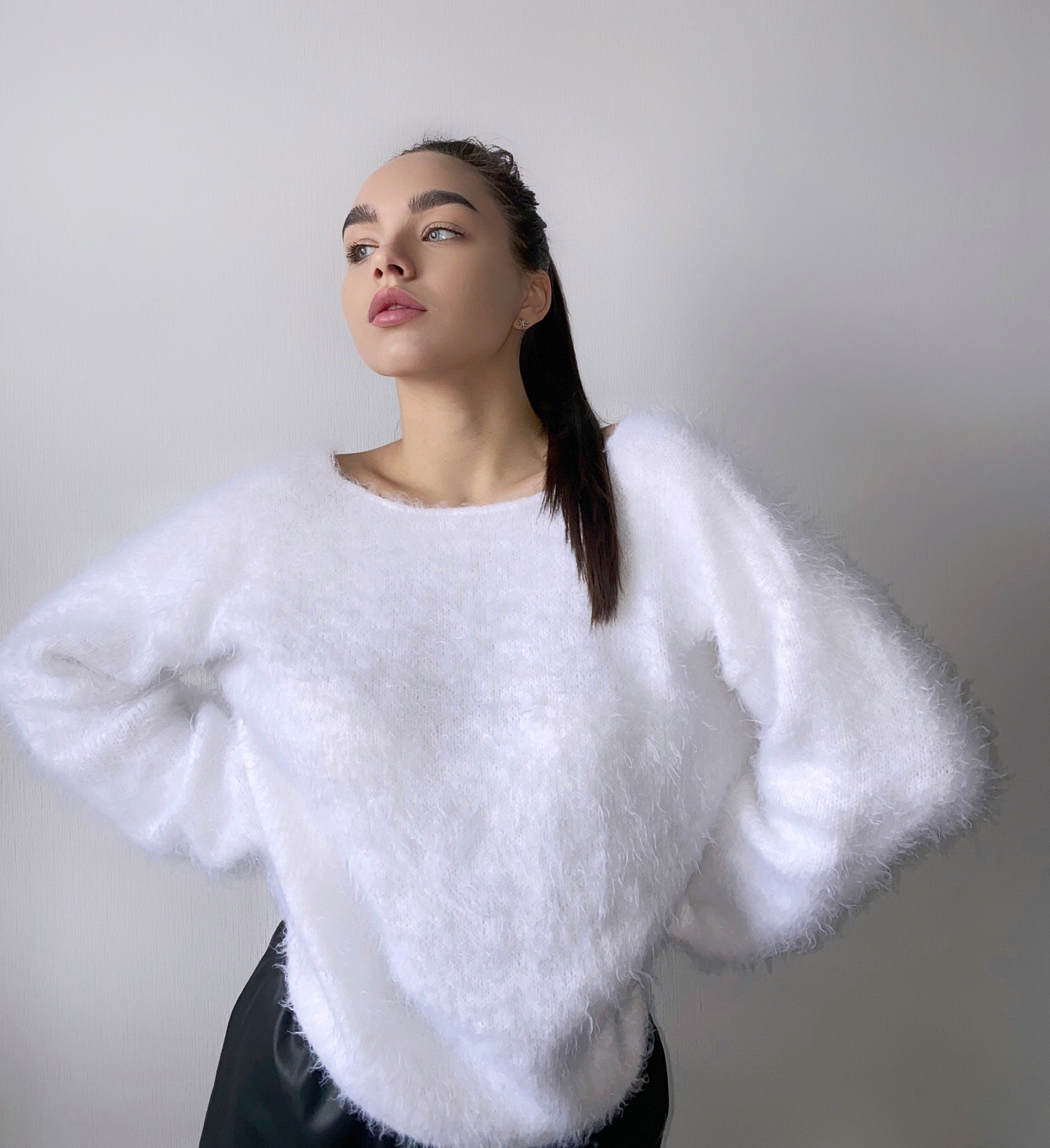 White soft fluffy hand knit body friendly sweater Open back Deep neckline Knit Milk fluffy pullover Loose fit oversized V-neck angora wool