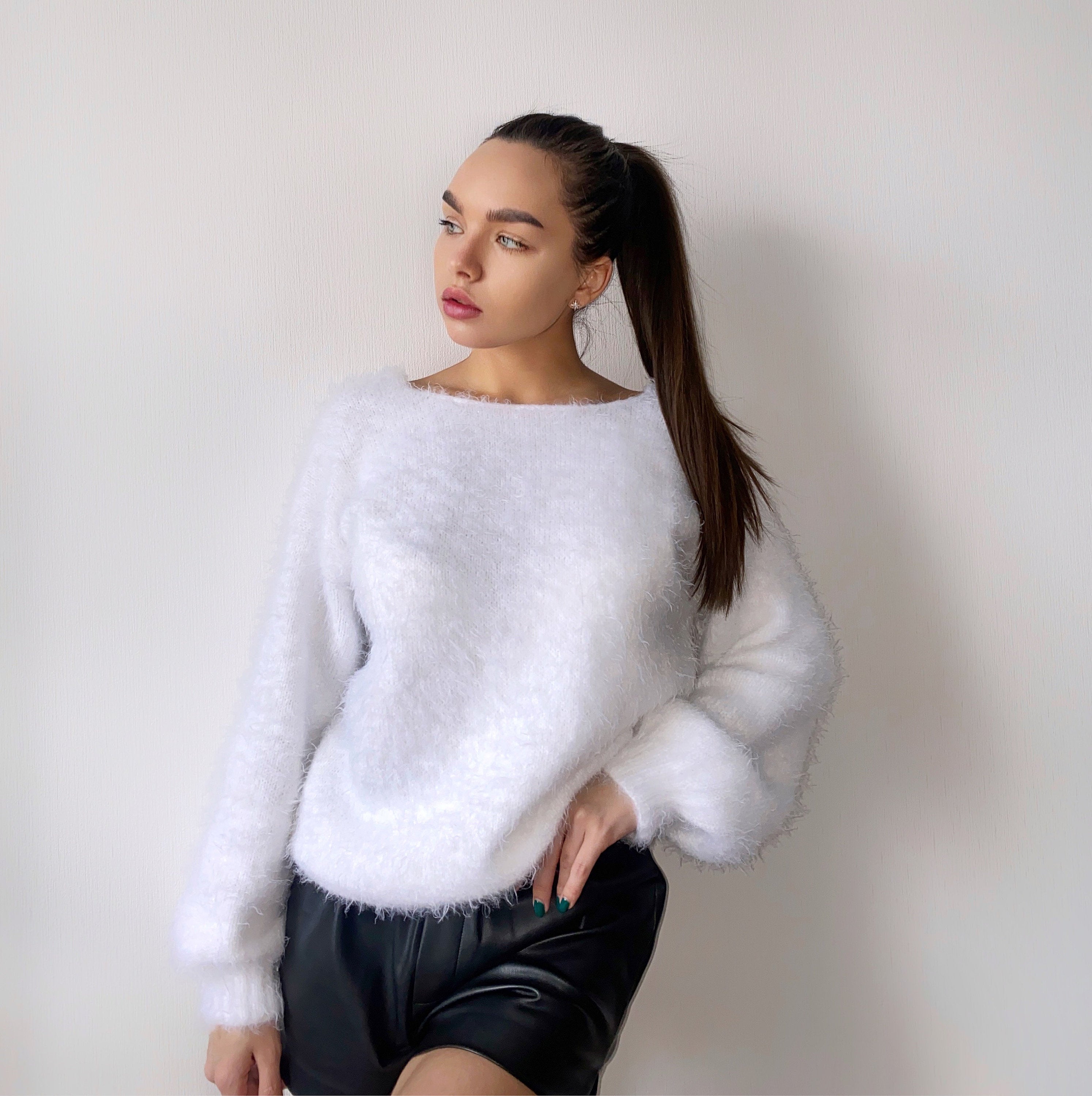 Body friendly white knit sweater Angora wool Hand knit open back Deep neckline Knit Milk pullover Loose fit oversized V-neck Fluffy Top