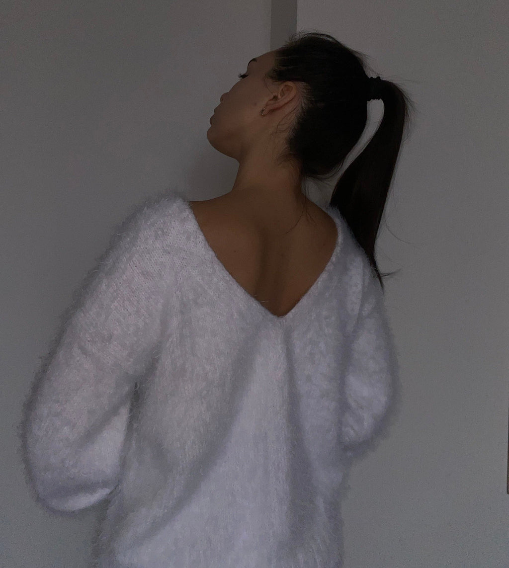 Body friendly white knit sweater Angora wool Hand knit open back Deep neckline Knit Milk pullover Loose fit oversized V-neck Fluffy Top