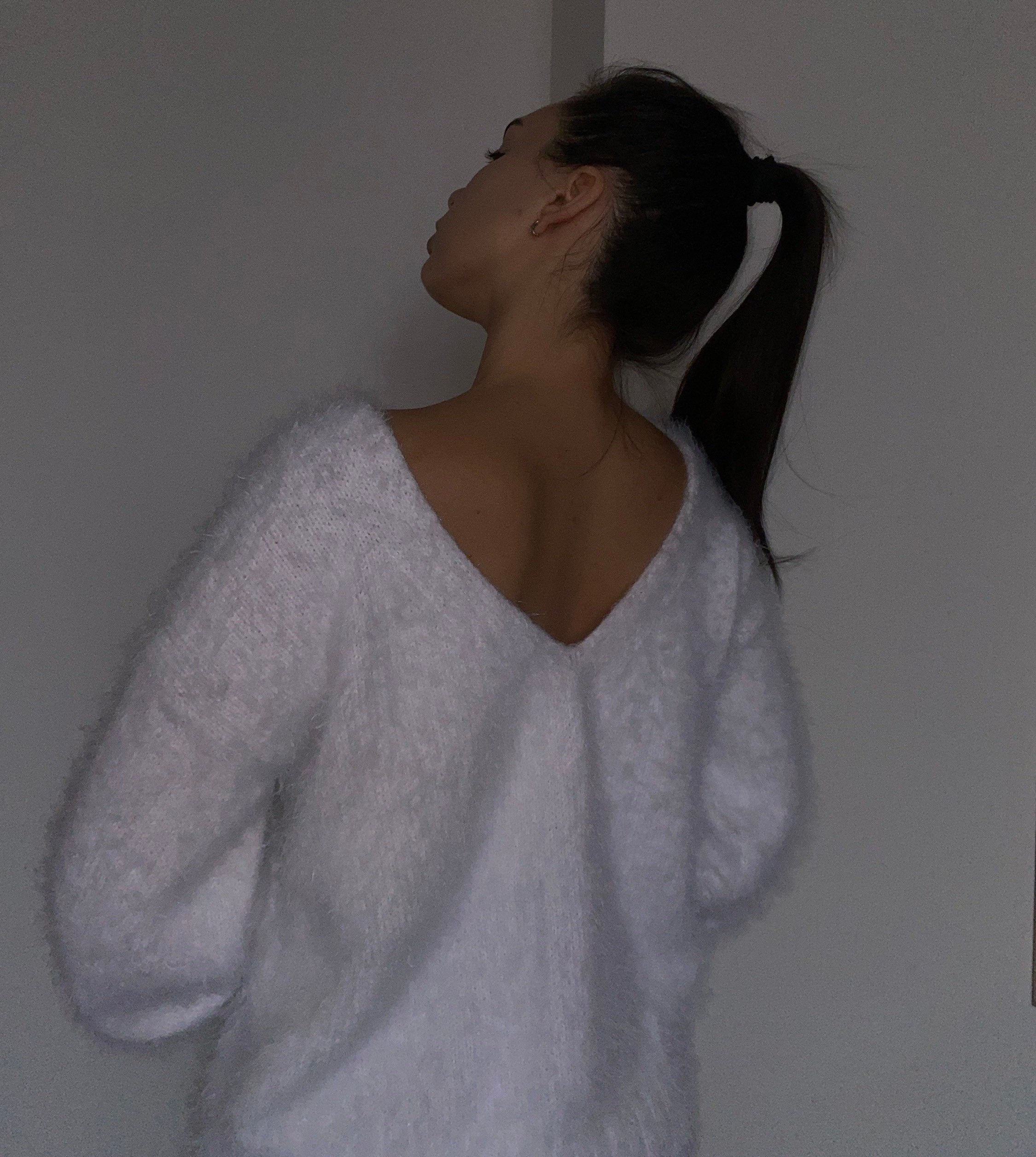 Body friendly white knit sweater Angora wool Hand knit open back Deep neckline Knit Milk pullover Loose fit oversized V-neck Fluffy Top