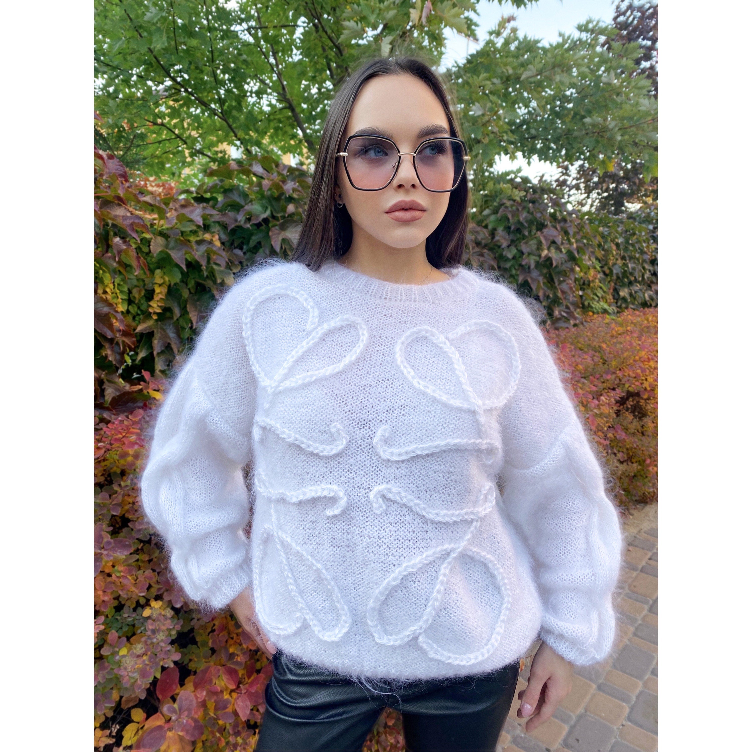 Mohair Cable knit Sweater White Fluffy oversized pullover lilac brown black purple Hand knit wool winter sweater for women Puff blouse