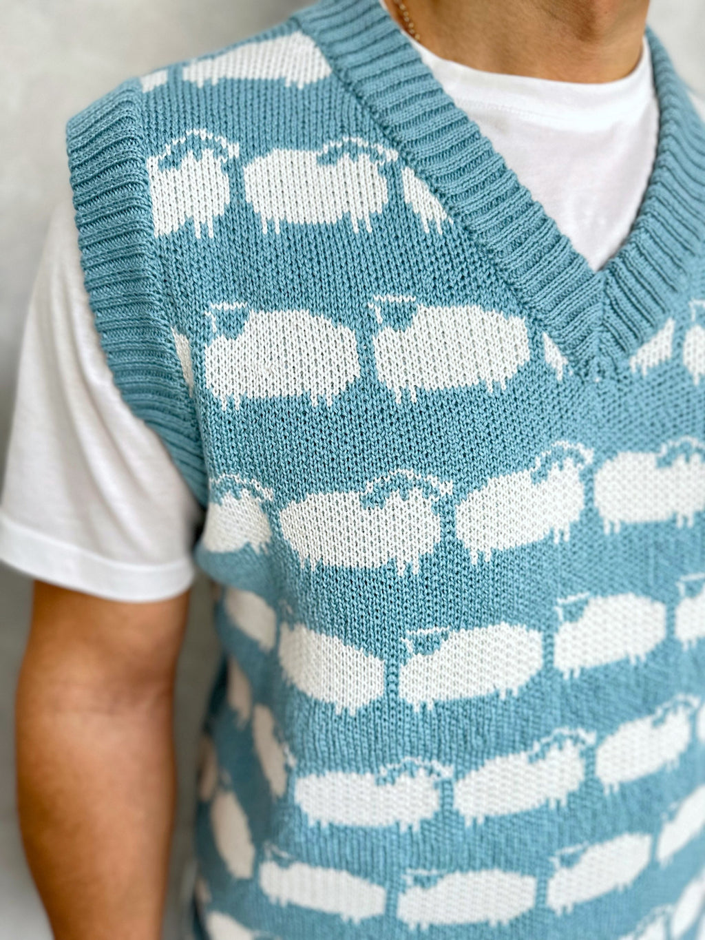 Light blue knitted vest white black sheep for men Knit merino cable knit sweater vest white sheep Sleeveless jacket men’s wool Gift for him