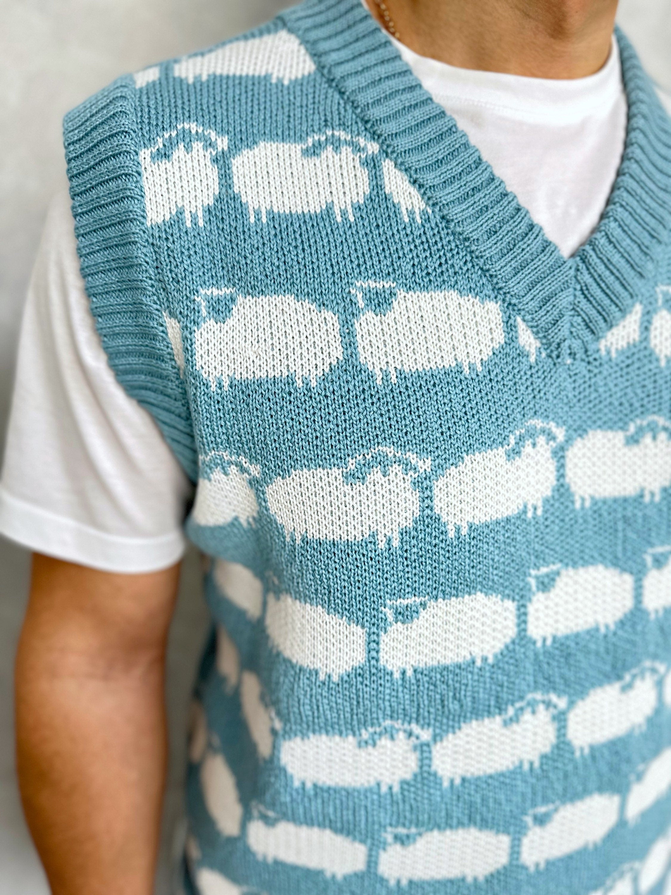 Light blue knitted vest white black sheep for men Knit merino cable knit sweater vest white sheep Sleeveless jacket men’s wool Gift for him