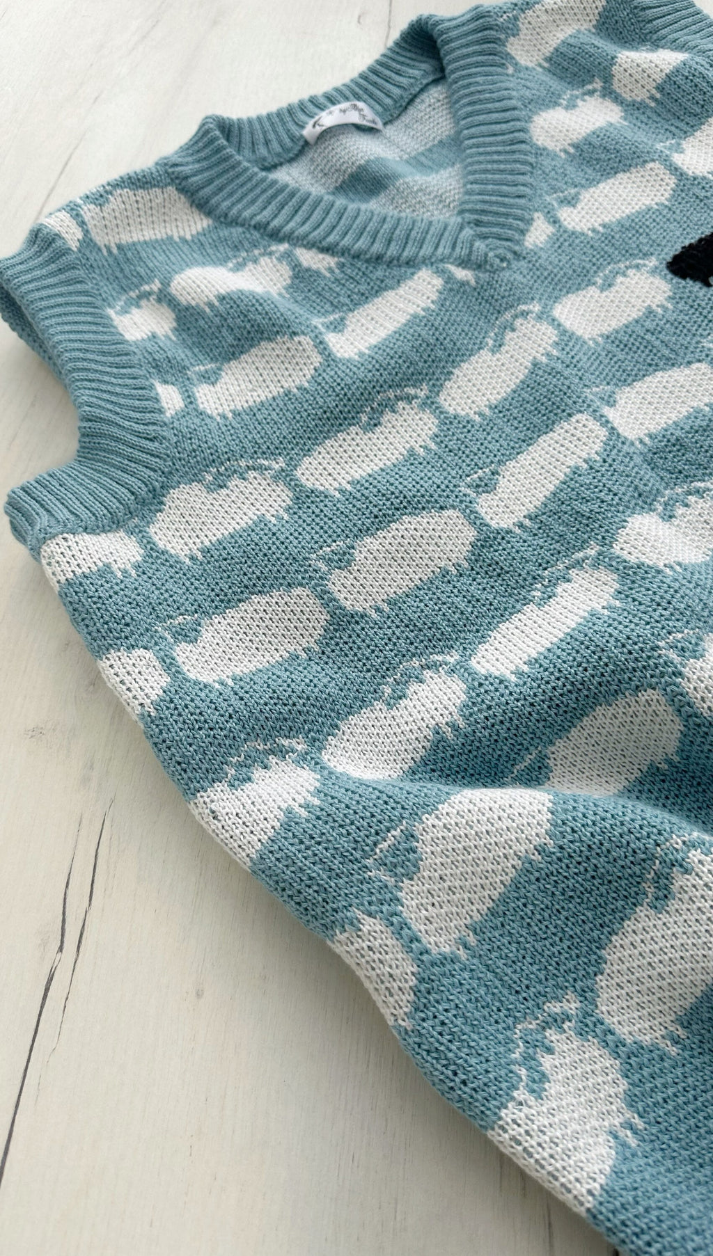 Light blue knitted vest white black sheep for men Knit merino cable knit sweater vest white sheep Sleeveless jacket men’s wool Gift for him