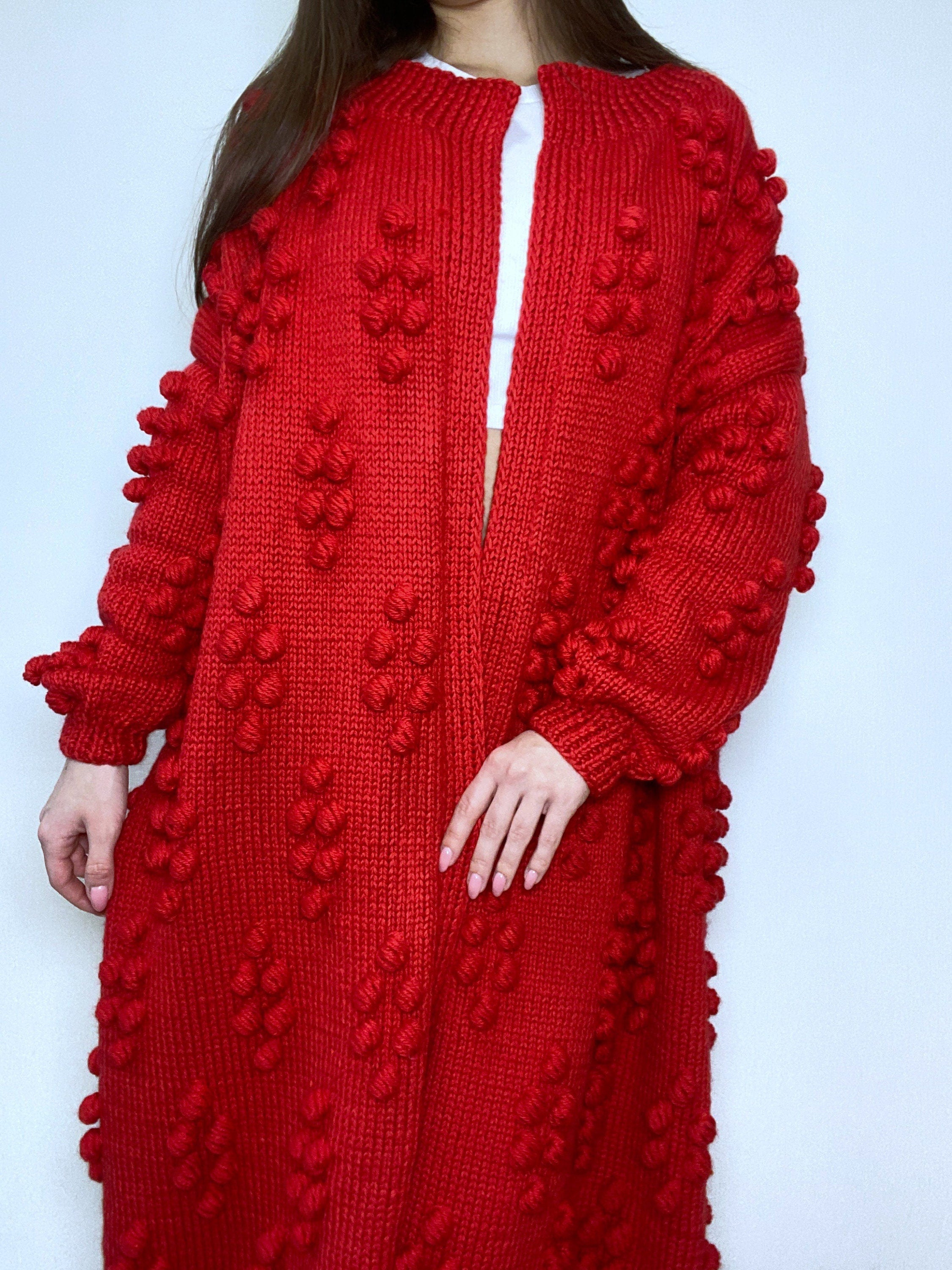 Hand knit merino wool mixture Midi cardigan Long popcorn for women Popcorn Stitch Bobble Chunky knit sweater