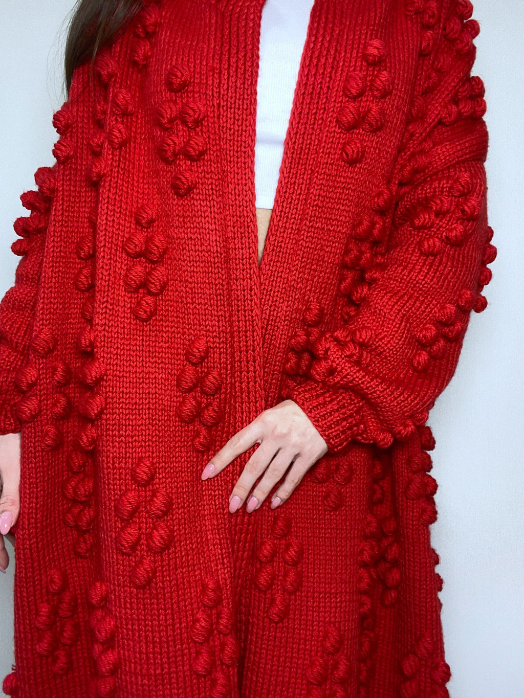 Hand knit merino wool mixture Midi cardigan Long popcorn for women Popcorn Stitch Bobble Chunky knit sweater