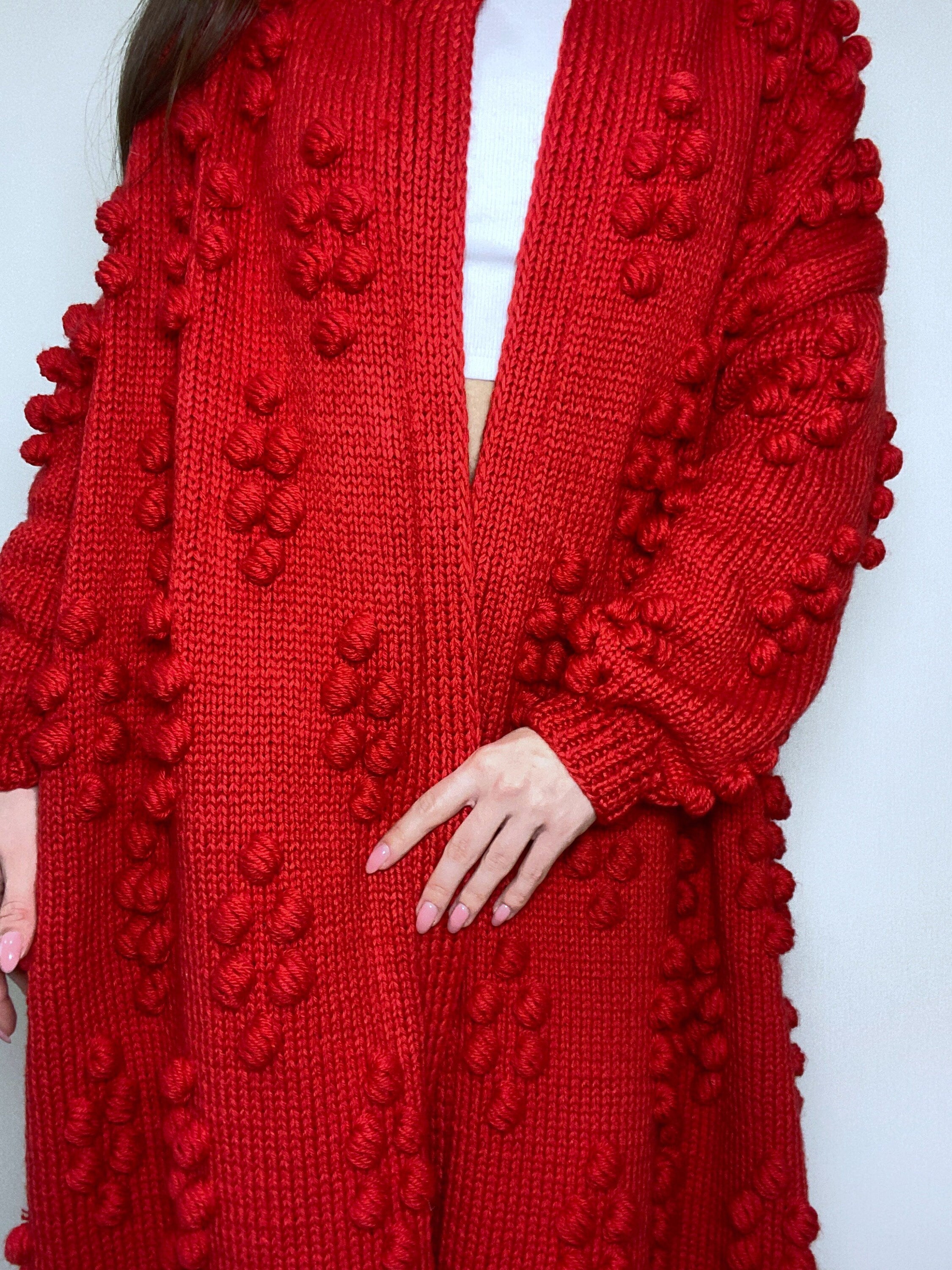 Hand knit merino wool mixture Midi cardigan Long popcorn for women Popcorn Stitch Bobble Chunky knit sweater