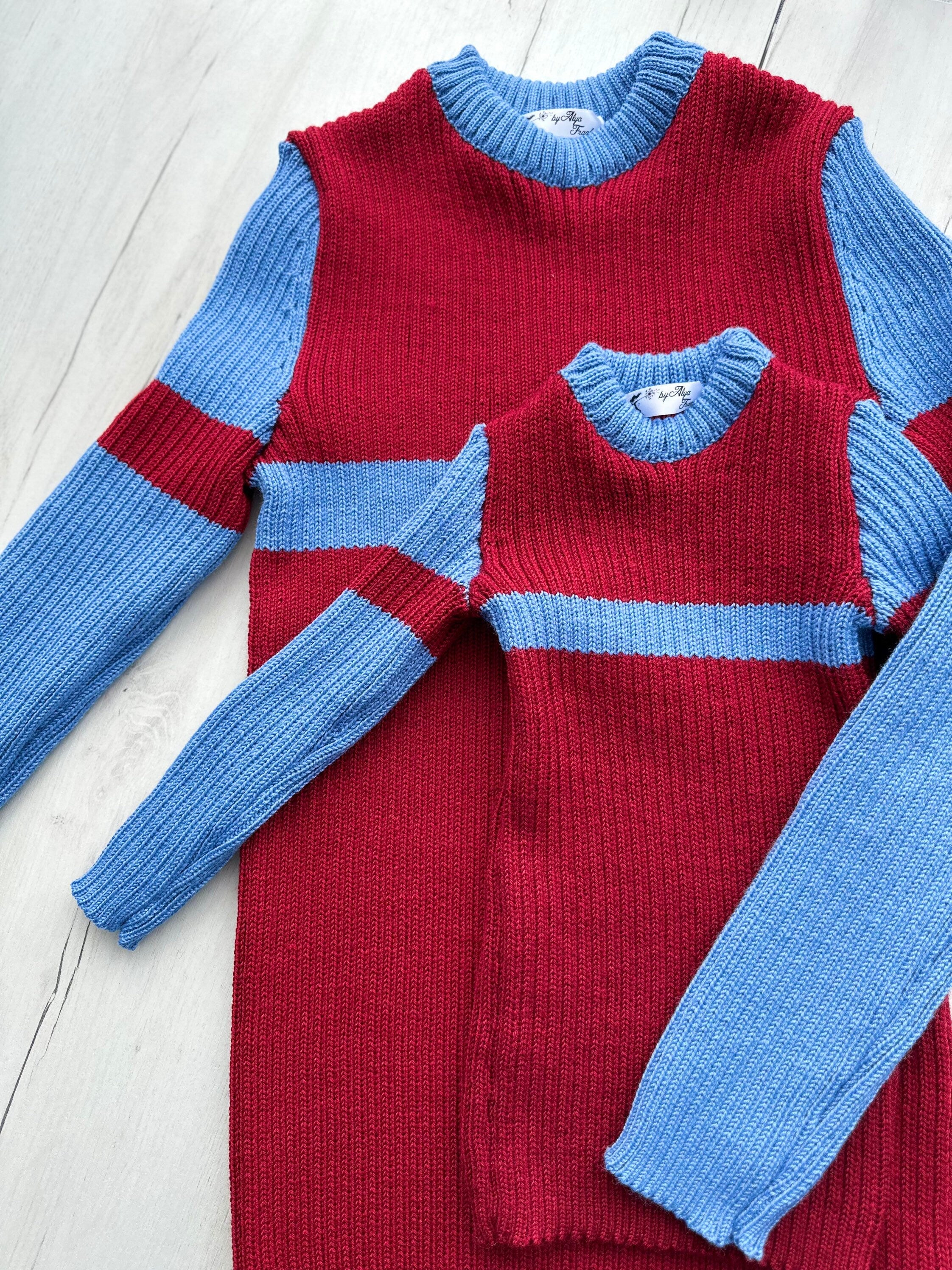 Family look hand knit red blue wool sweater/knit unisex sweater/Family Sweaters/Sweater for Mother and Daughter Father and Son/Turtleneck