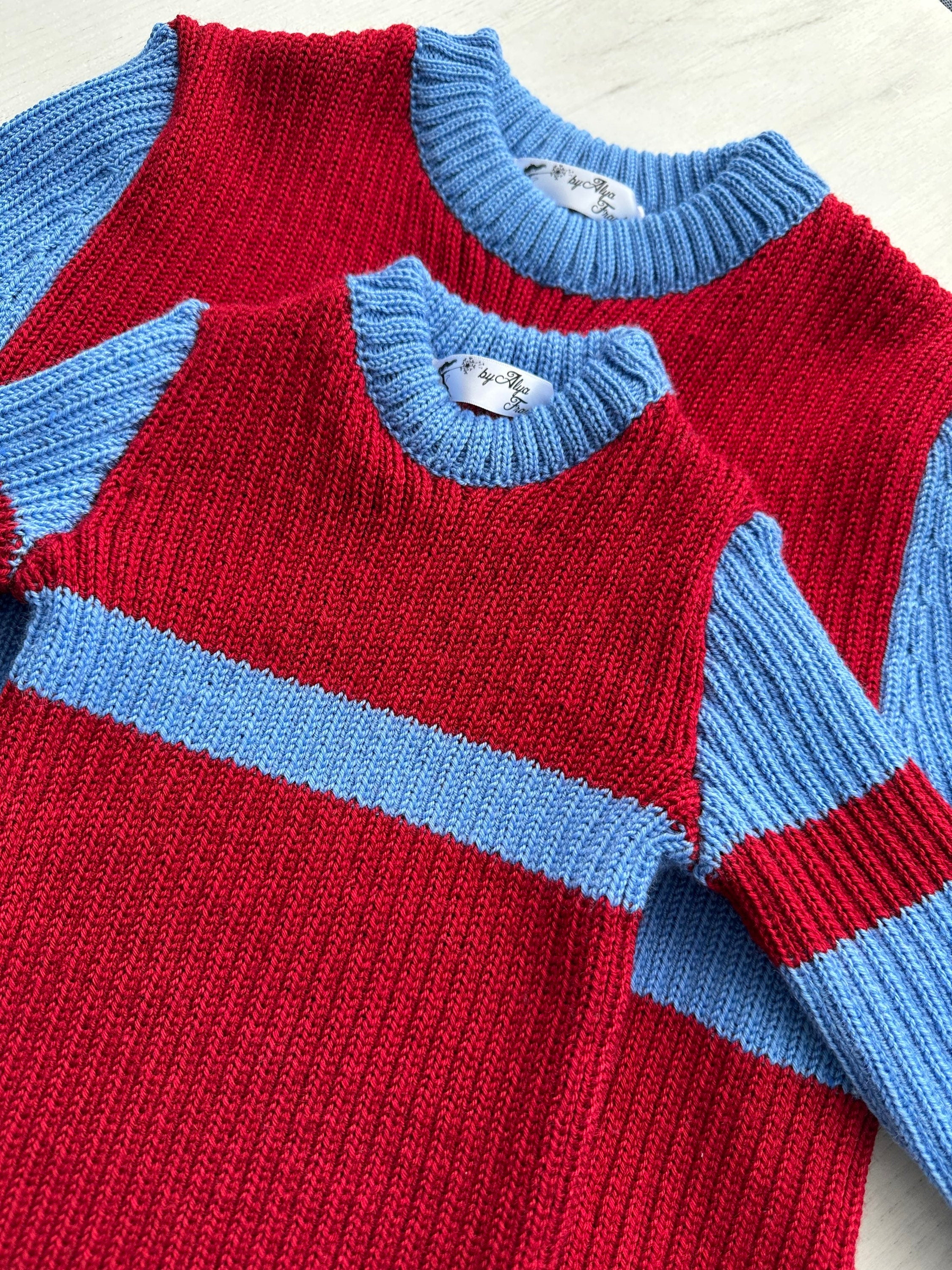 Family look hand knit red blue wool sweater/knit unisex sweater/Family Sweaters/Sweater for Mother and Daughter Father and Son/Turtleneck