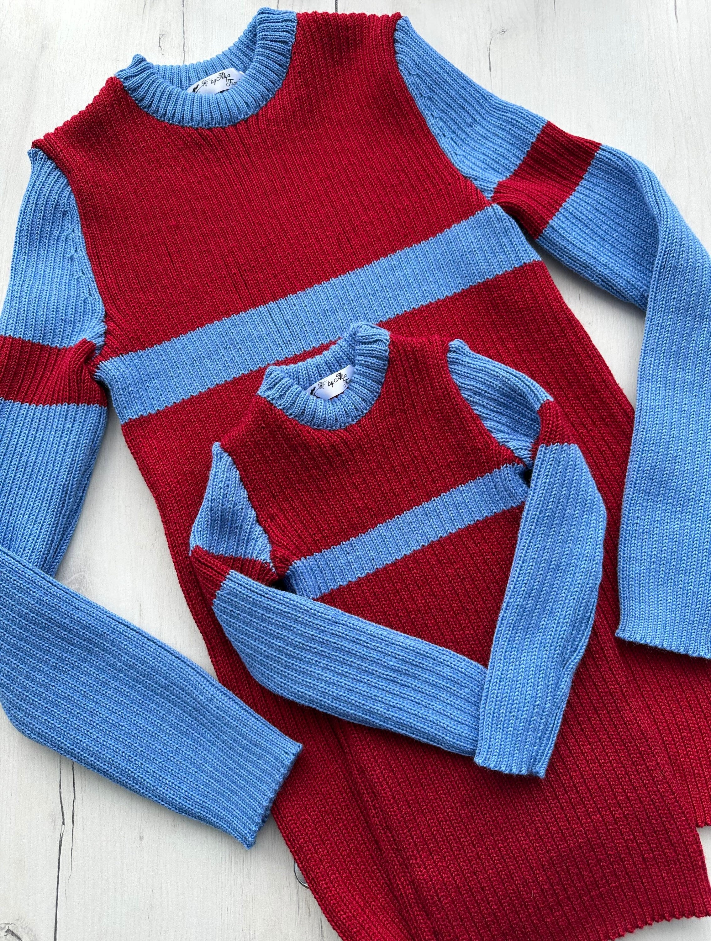 Family look hand knit red blue wool sweater/knit unisex sweater/Family Sweaters/Sweater for Mother and Daughter Father and Son/Turtleneck