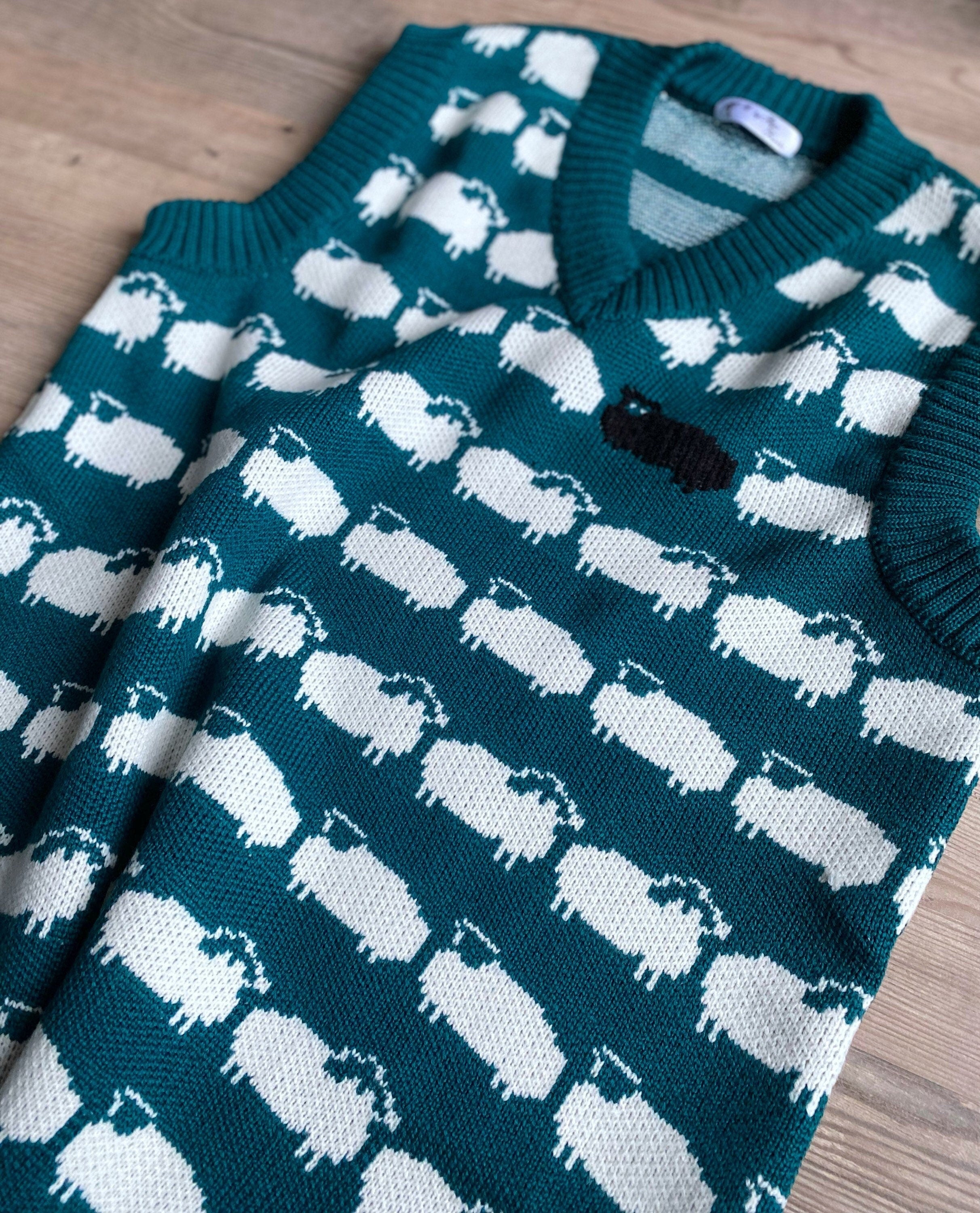 Emerald Green knit vest white black sheep for men Knit merino cable knit sweater vest white sheep Sleeveless jacket men’s wool Gift for him