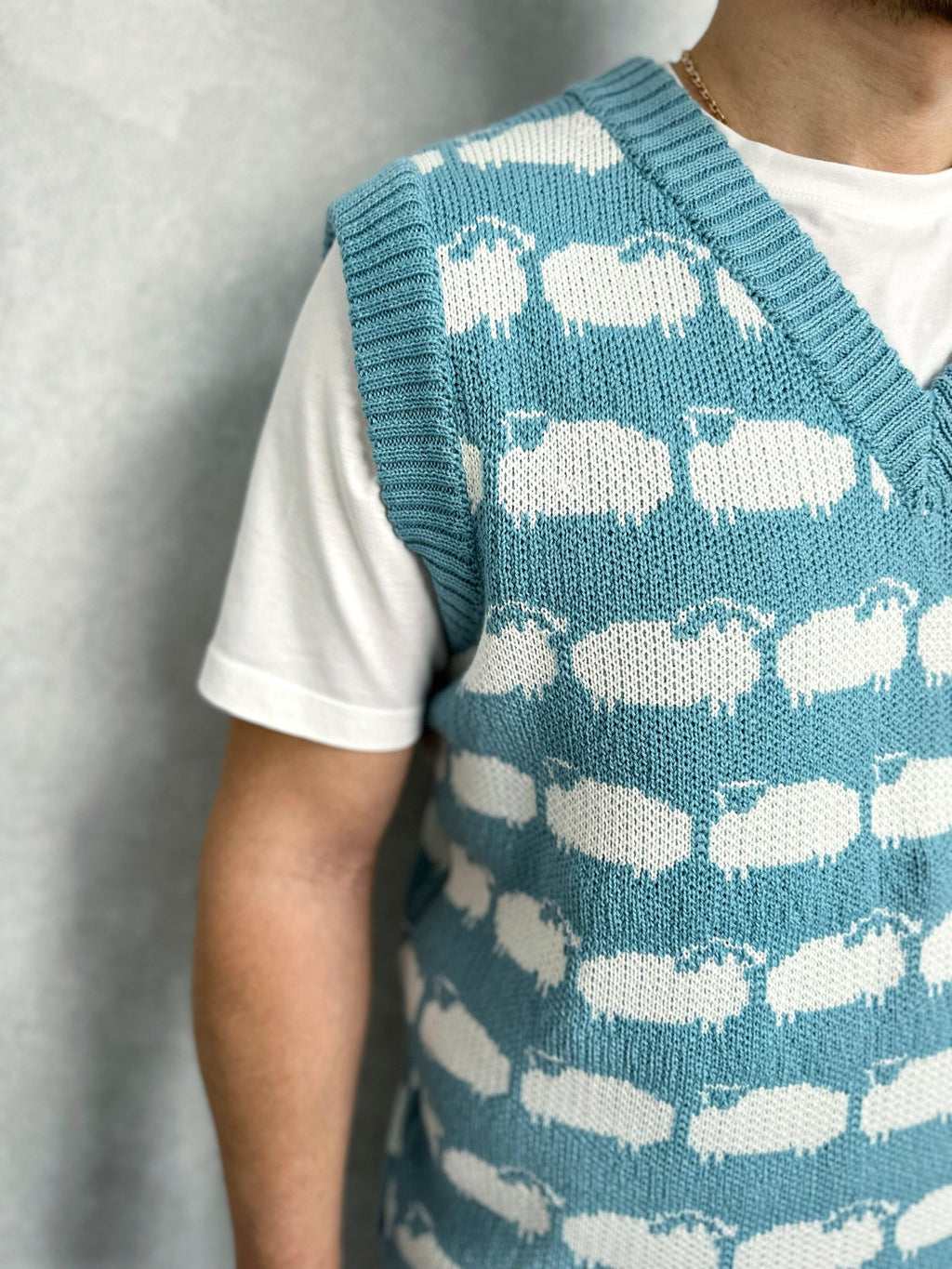 Light blue knitted vest white black sheep for men Knit merino cable knit sweater vest white sheep Sleeveless jacket men’s wool Gift for him