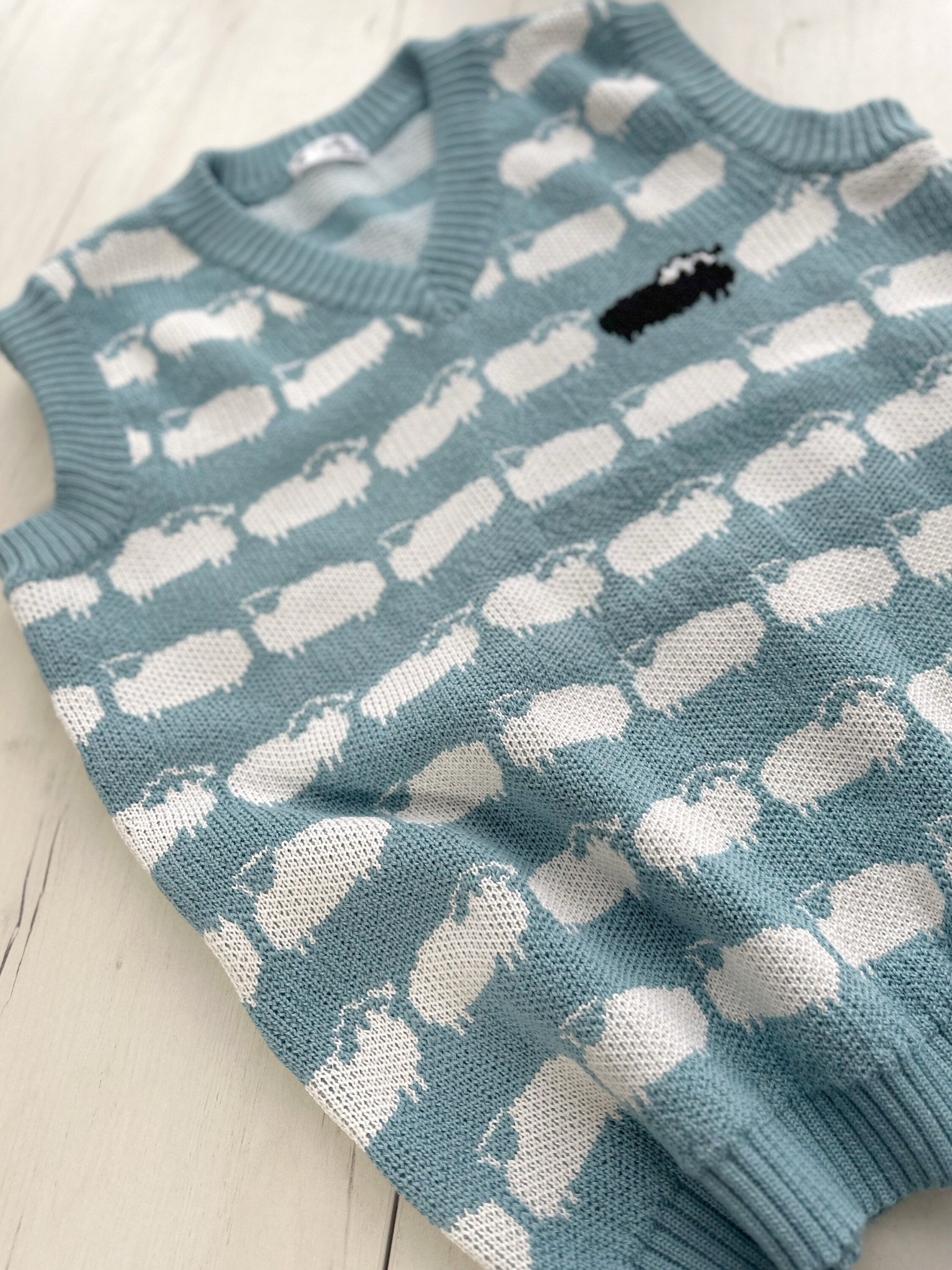 Light blue knitted vest white black sheep for men Knit merino cable knit sweater vest white sheep Sleeveless jacket men’s wool Gift for him