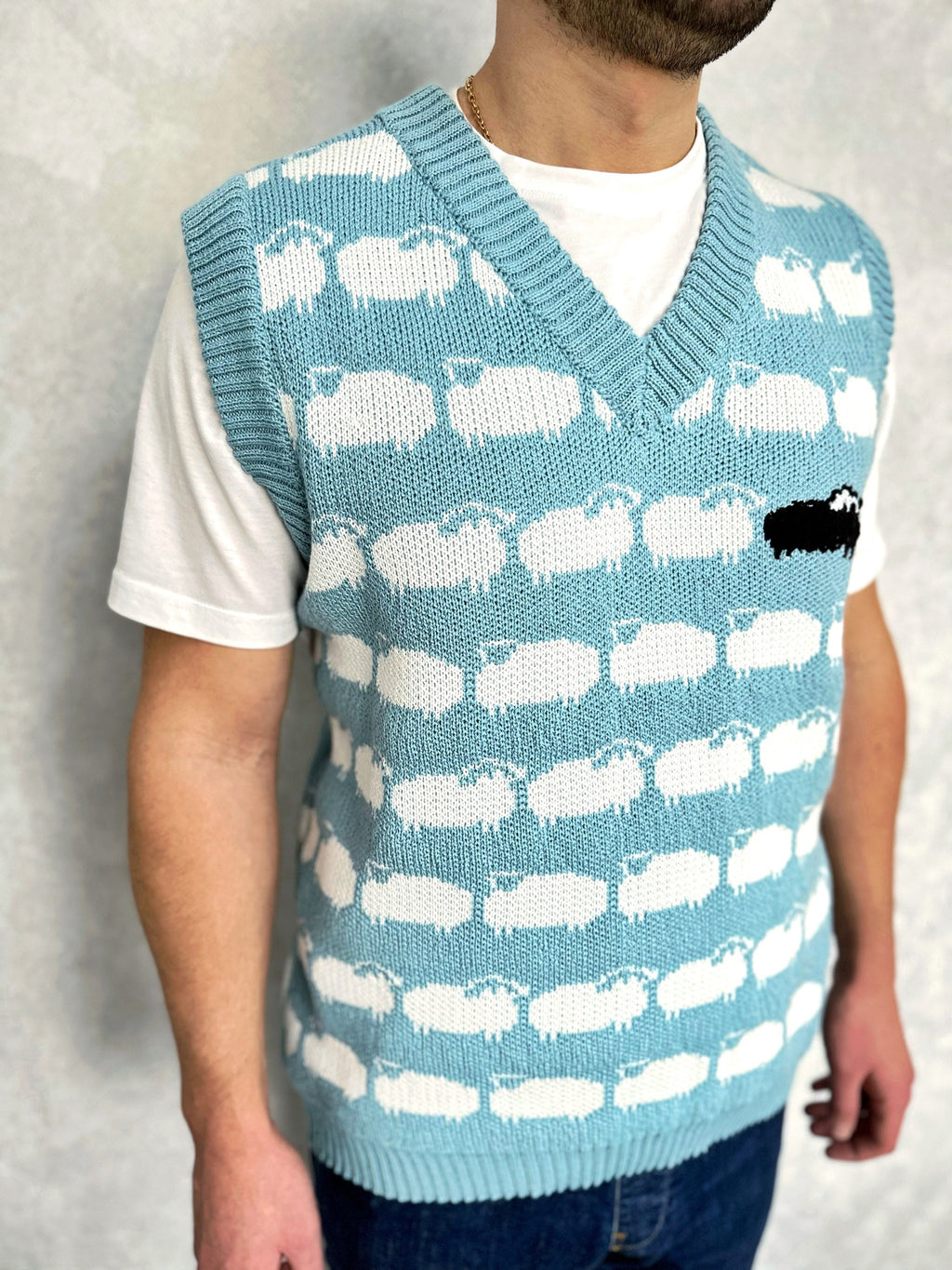 Light blue knitted vest white black sheep for men Knit merino cable knit sweater vest white sheep Sleeveless jacket men’s wool Gift for him
