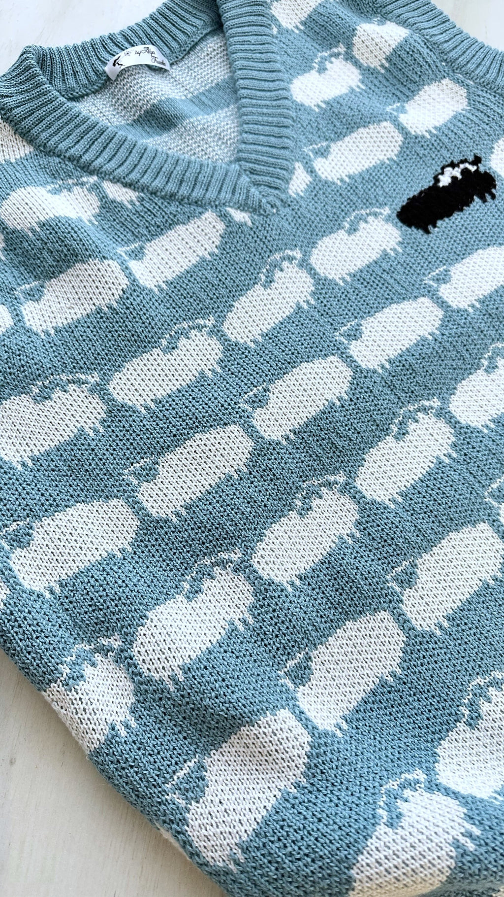 Light blue knitted vest white black sheep for men Knit merino cable knit sweater vest white sheep Sleeveless jacket men’s wool Gift for him