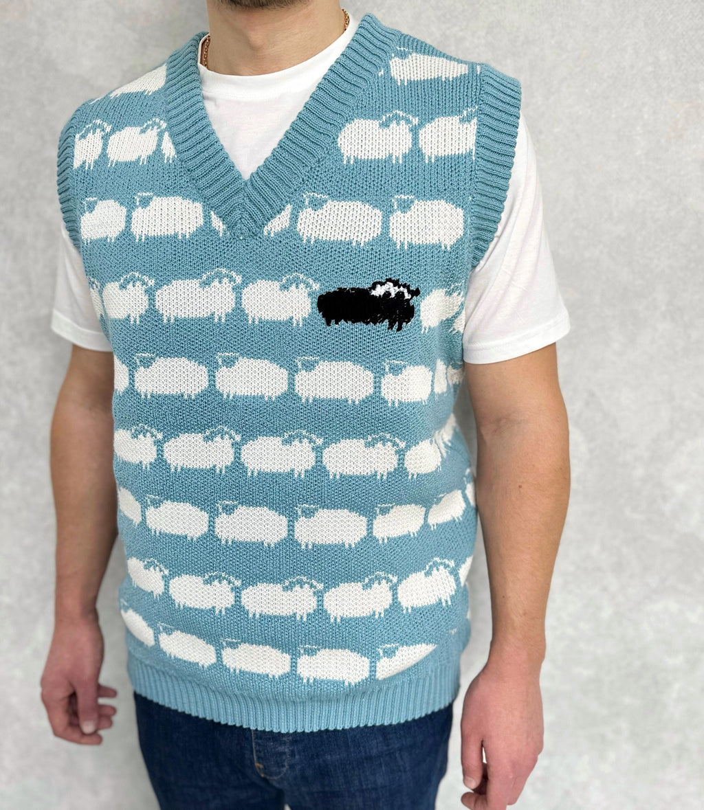 Light blue knitted vest white black sheep for men Knit merino cable knit sweater vest white sheep Sleeveless jacket men’s wool Gift for him
