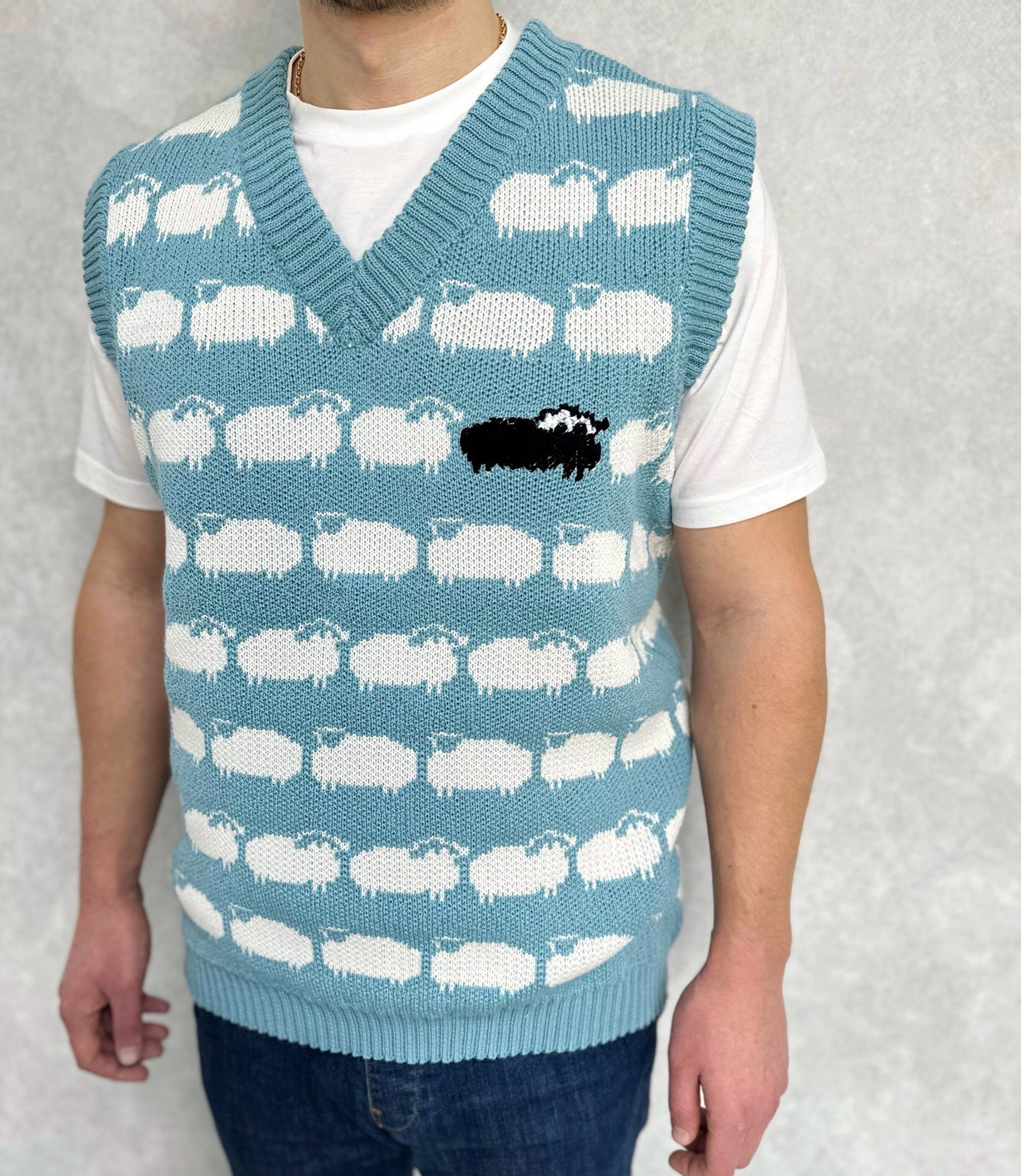 Light blue knitted vest white black sheep for men Knit merino cable knit sweater vest white sheep Sleeveless jacket men’s wool Gift for him