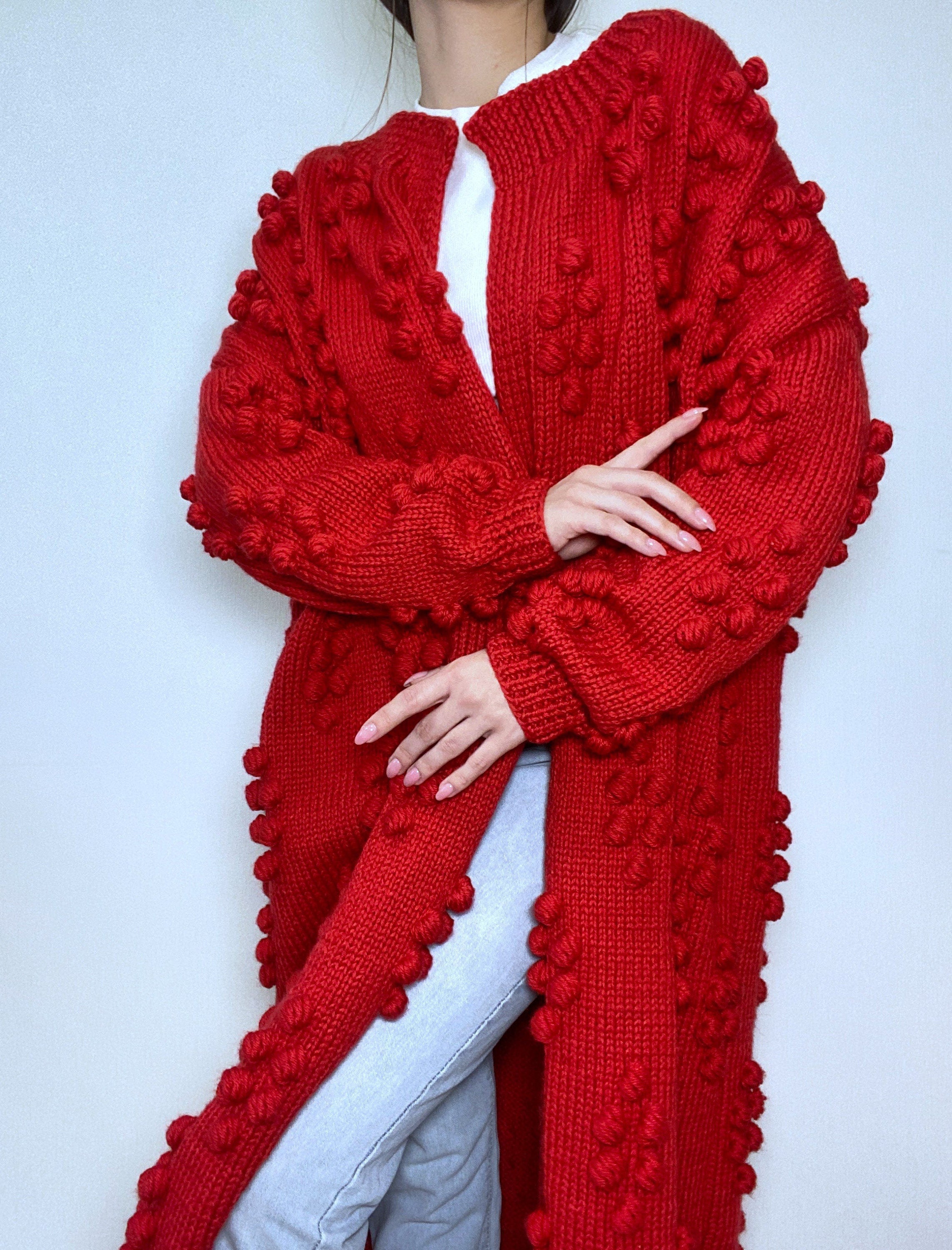 Hand knit merino wool mixture Midi cardigan Long popcorn for women Popcorn Stitch Bobble Chunky knit sweater