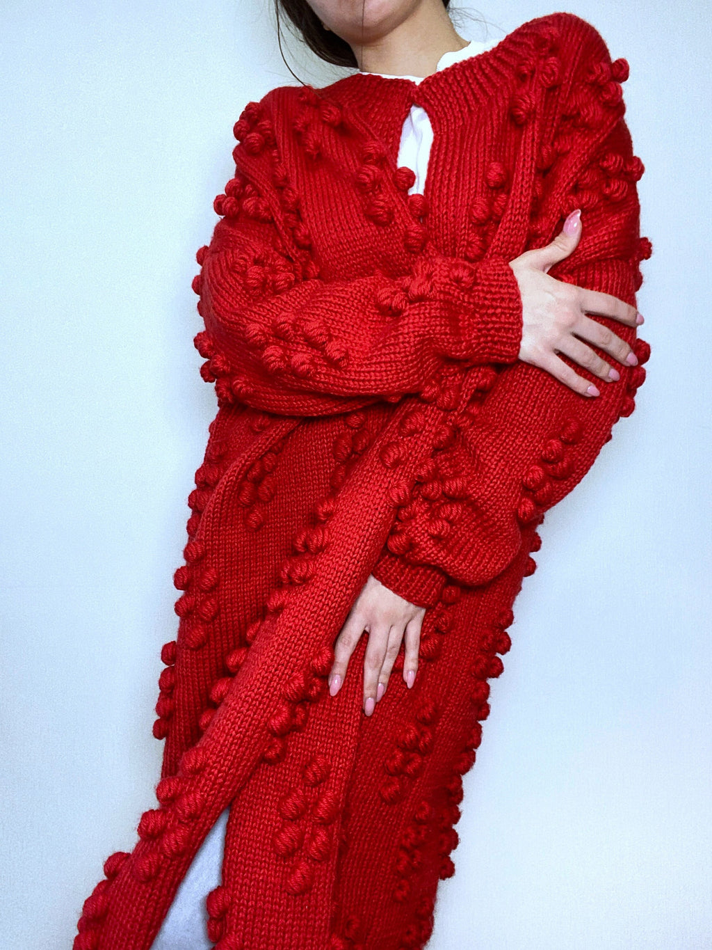 Hand knit merino wool mixture Midi cardigan Long popcorn for women Popcorn Stitch Bobble Chunky knit sweater