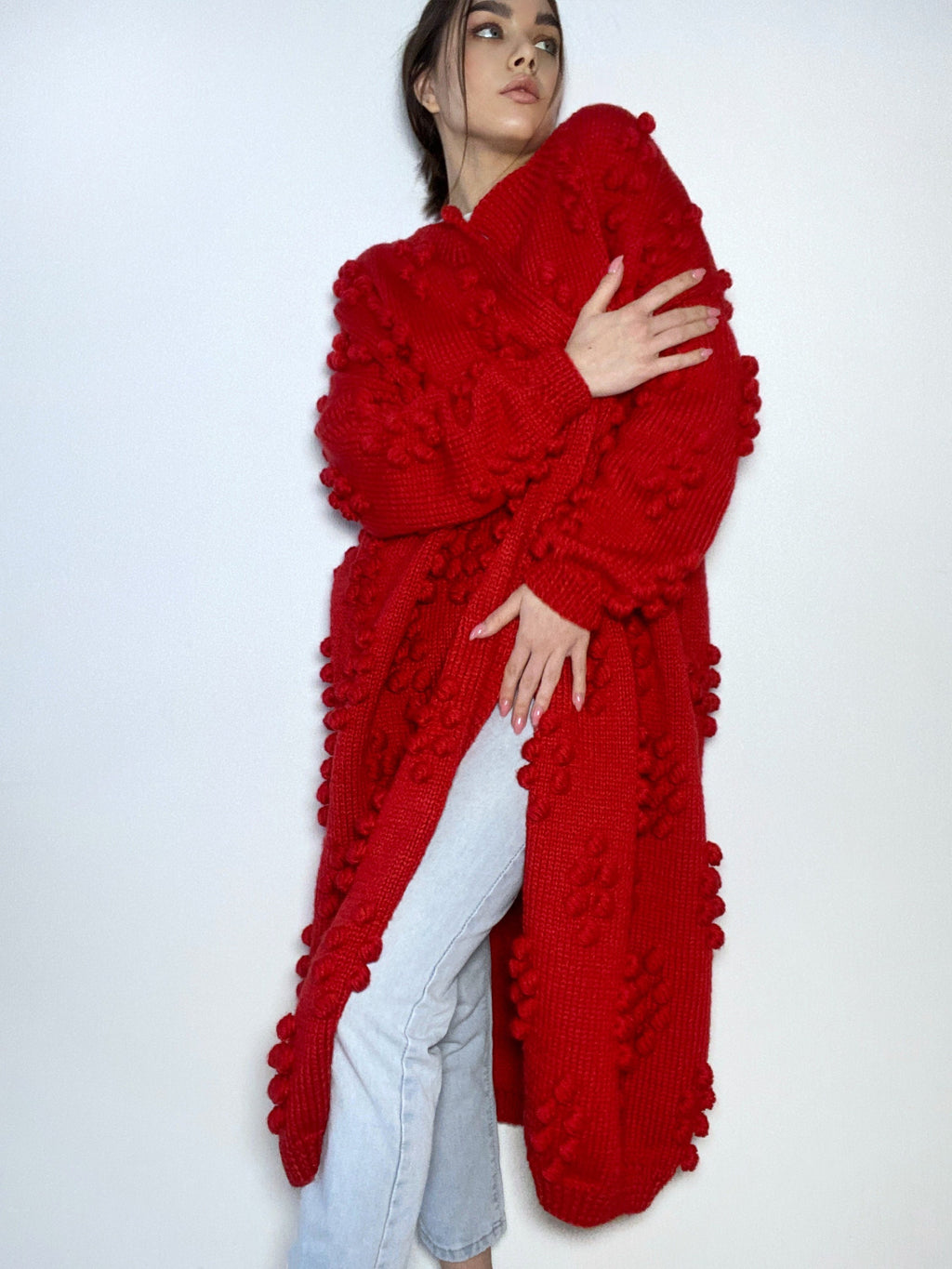 Hand knit merino wool mixture Midi cardigan Long popcorn for women Popcorn Stitch Bobble Chunky knit sweater
