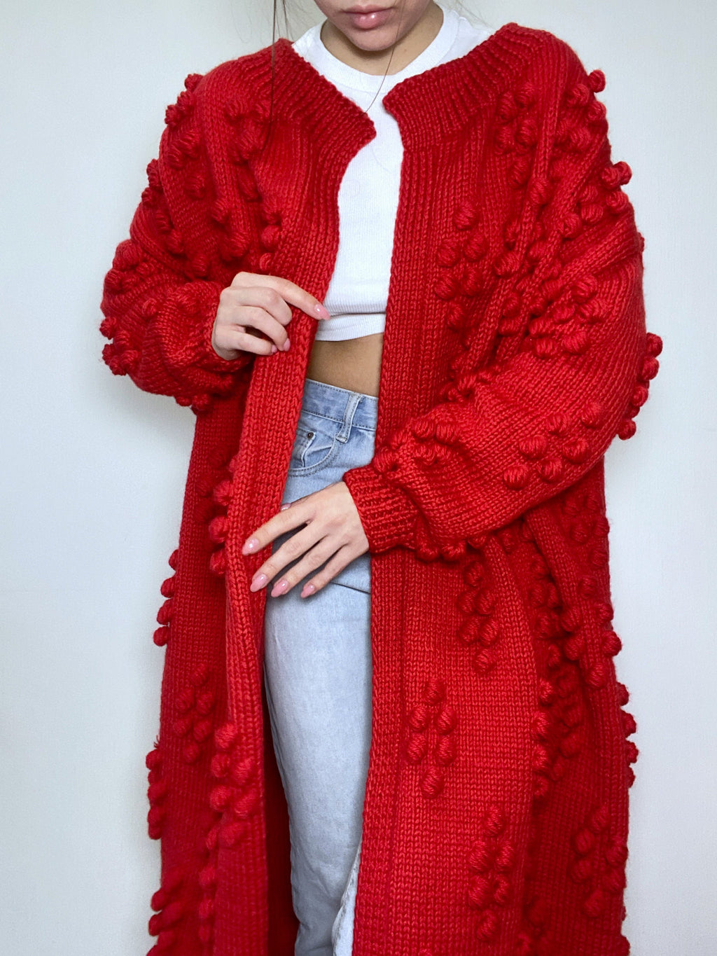 Hand knit merino wool mixture Midi cardigan Long popcorn for women Popcorn Stitch Bobble Chunky knit sweater