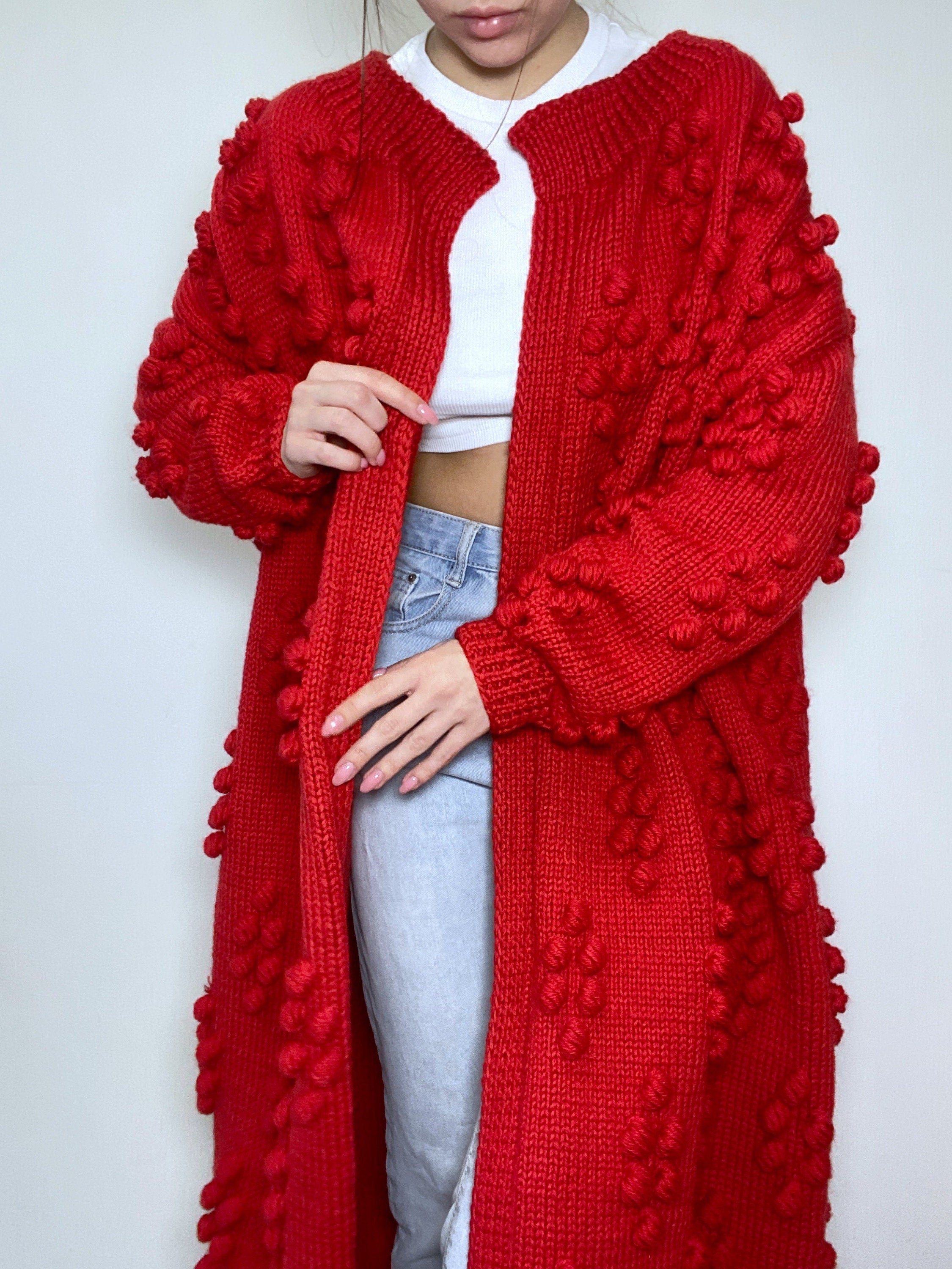 Hand knit merino wool mixture Midi cardigan Long popcorn for women Popcorn Stitch Bobble Chunky knit sweater