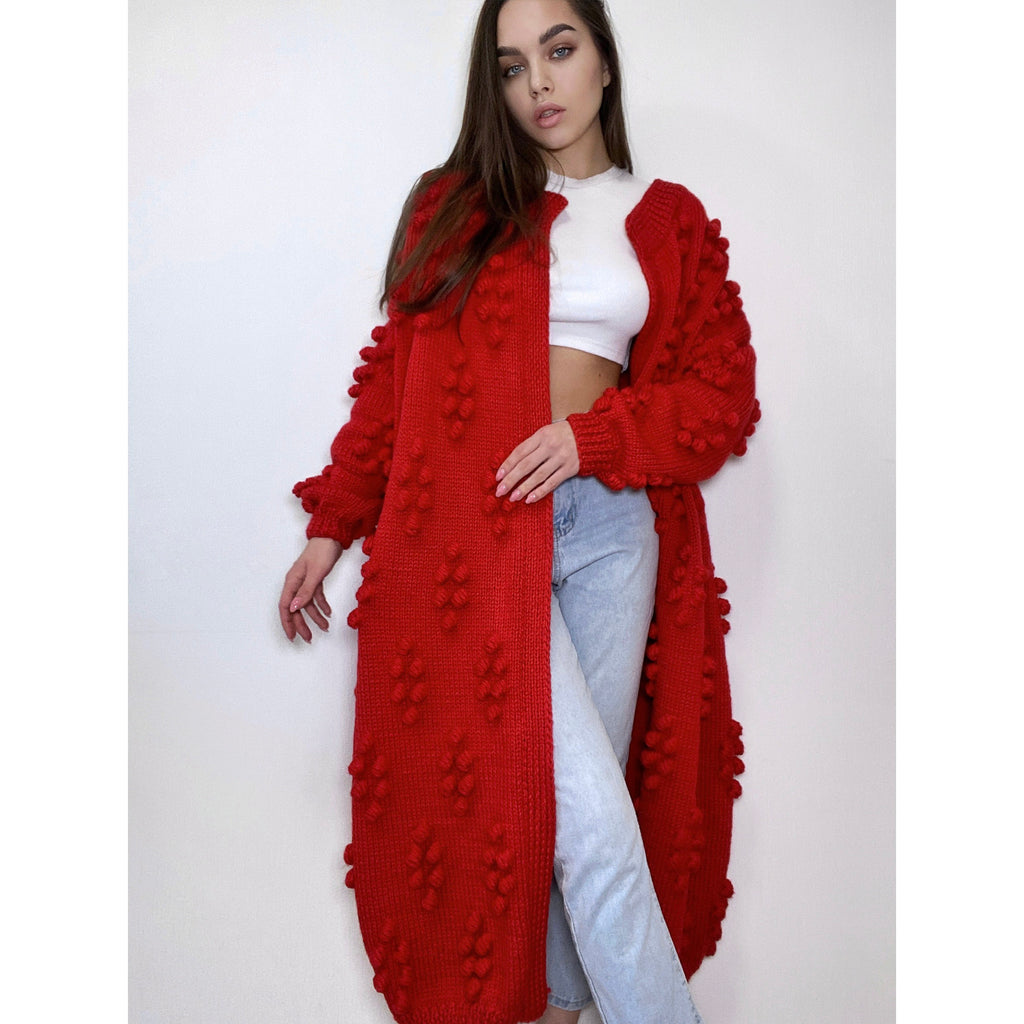 Hand knit merino wool mixture Midi cardigan Long popcorn for women Popcorn Stitch Bobble Chunky knit sweater