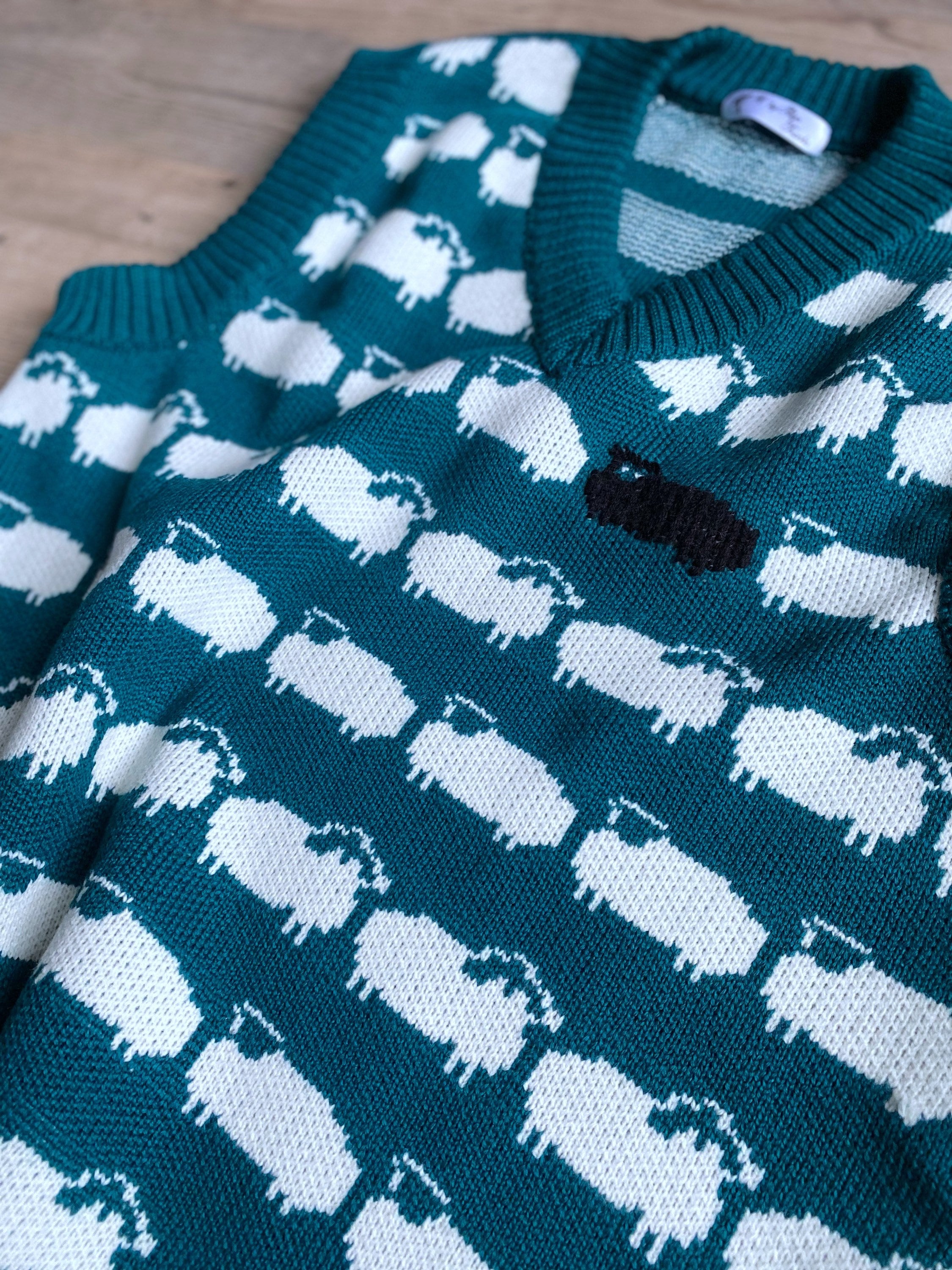 Emerald Green knit vest white black sheep for men Knit merino cable knit sweater vest white sheep Sleeveless jacket men’s wool Gift for him