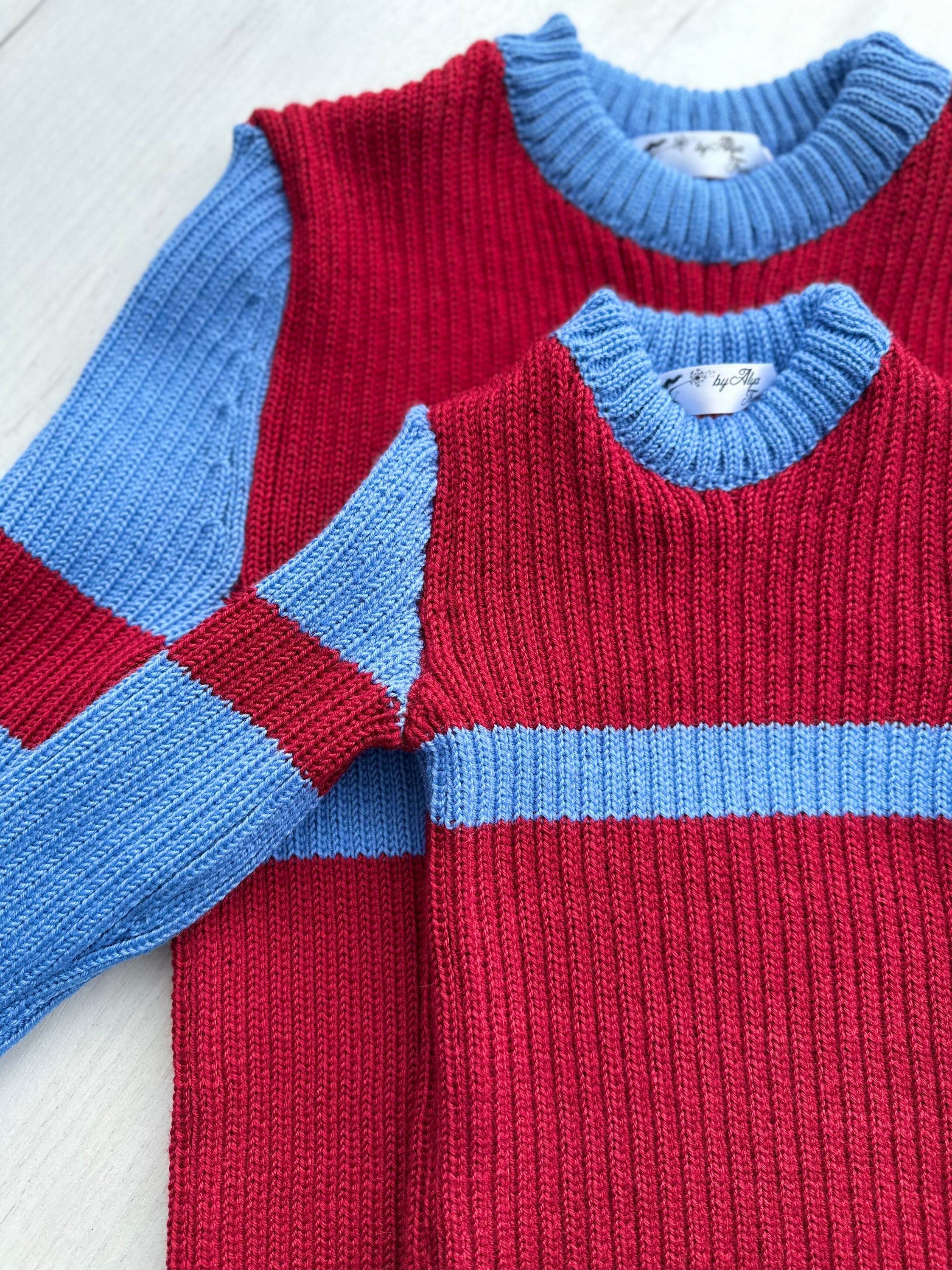 Family look hand knit red blue wool sweater/knit unisex sweater/Family Sweaters/Sweater for Mother and Daughter Father and Son/Turtleneck