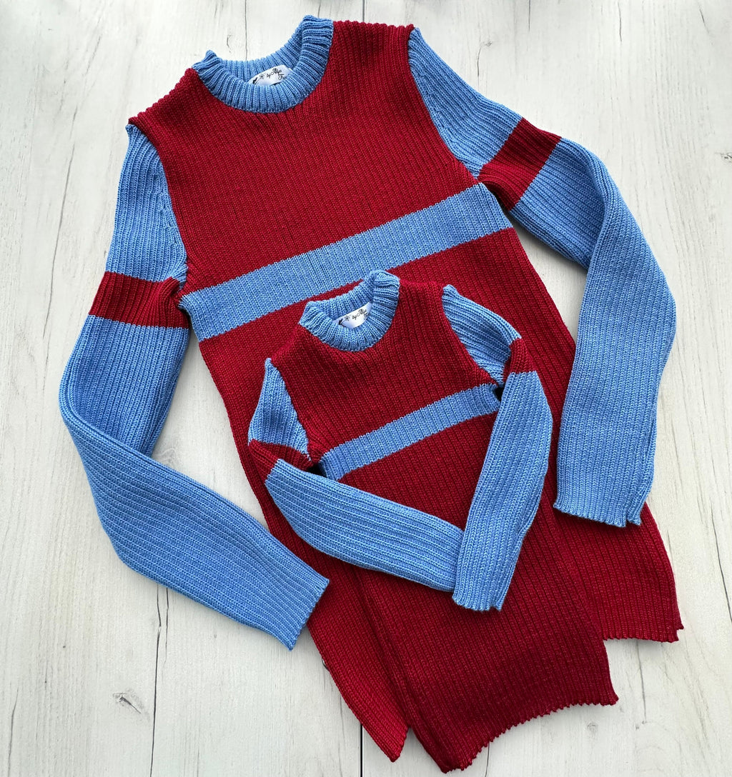 Family look hand knit red blue wool sweater/knit unisex sweater/Family Sweaters/Sweater for Mother and Daughter Father and Son/Turtleneck