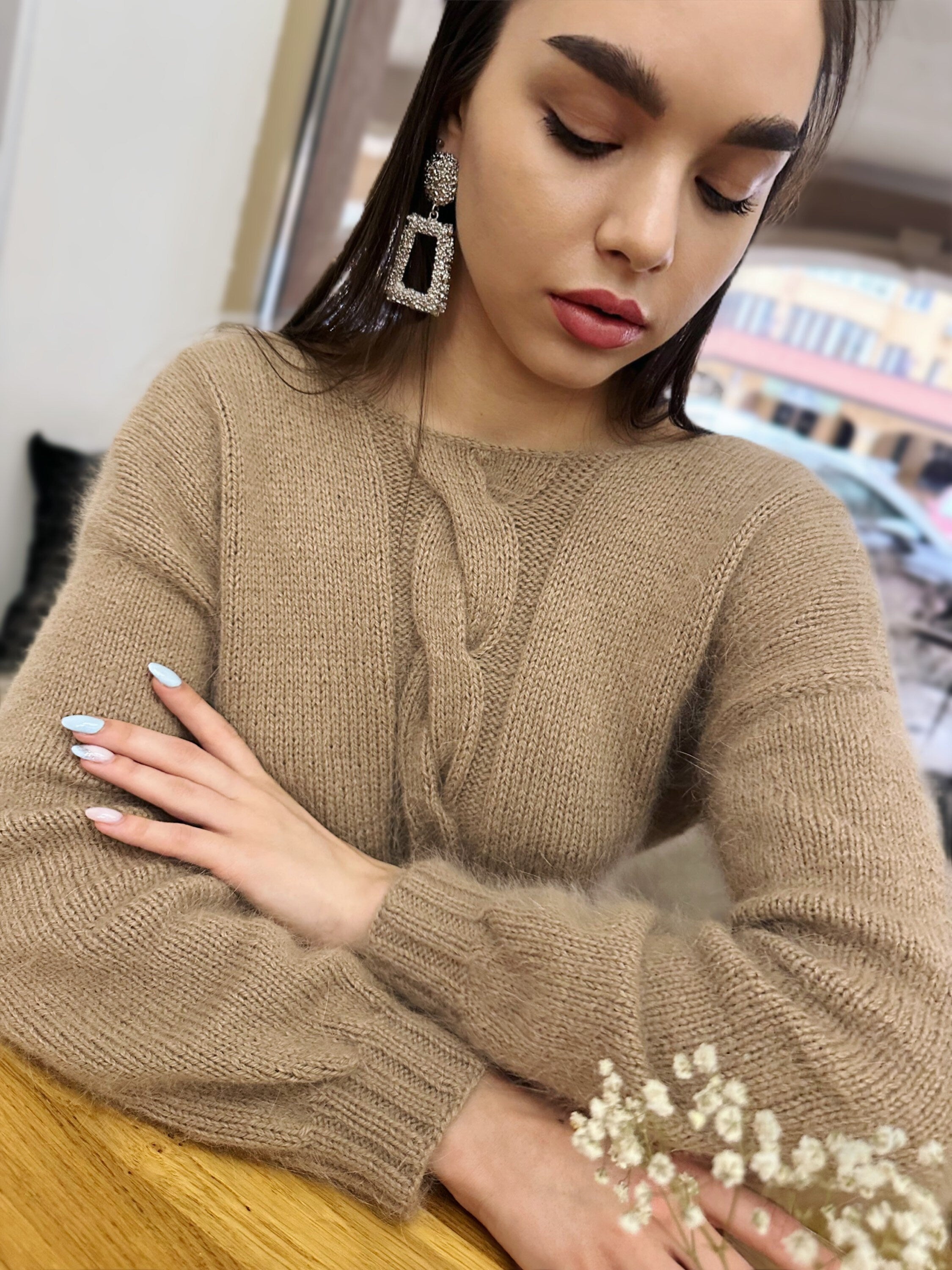 Beige angora sweater Open back Deep neckline Knit Pastel fluffy angora pullover Loose fit oversized V-neck Fluffy Top long sleevs Cozy gift