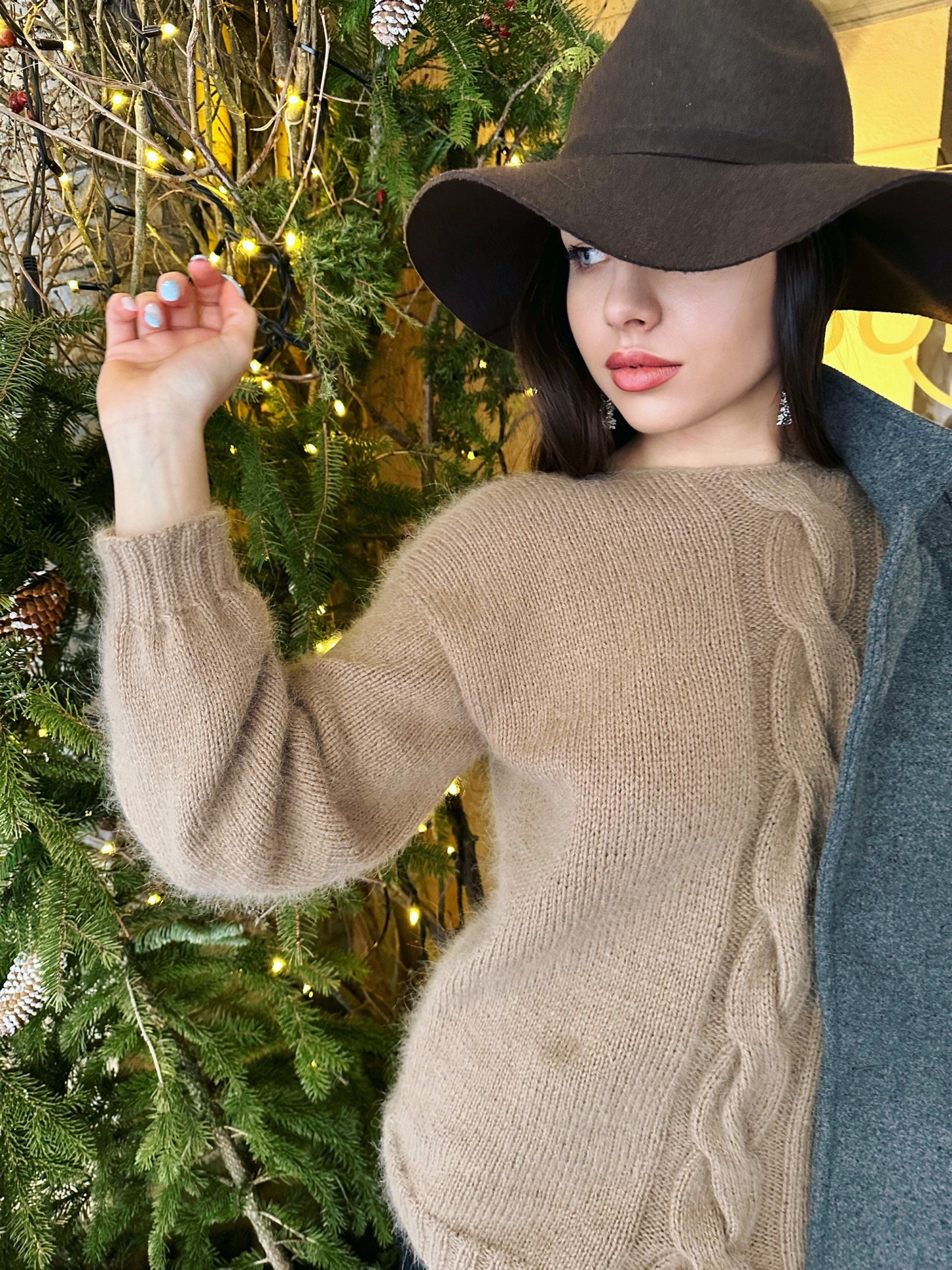 Beige angora sweater Open back Deep neckline Knit Pastel fluffy angora pullover Loose fit oversized V-neck Fluffy Top long sleevs Cozy gift