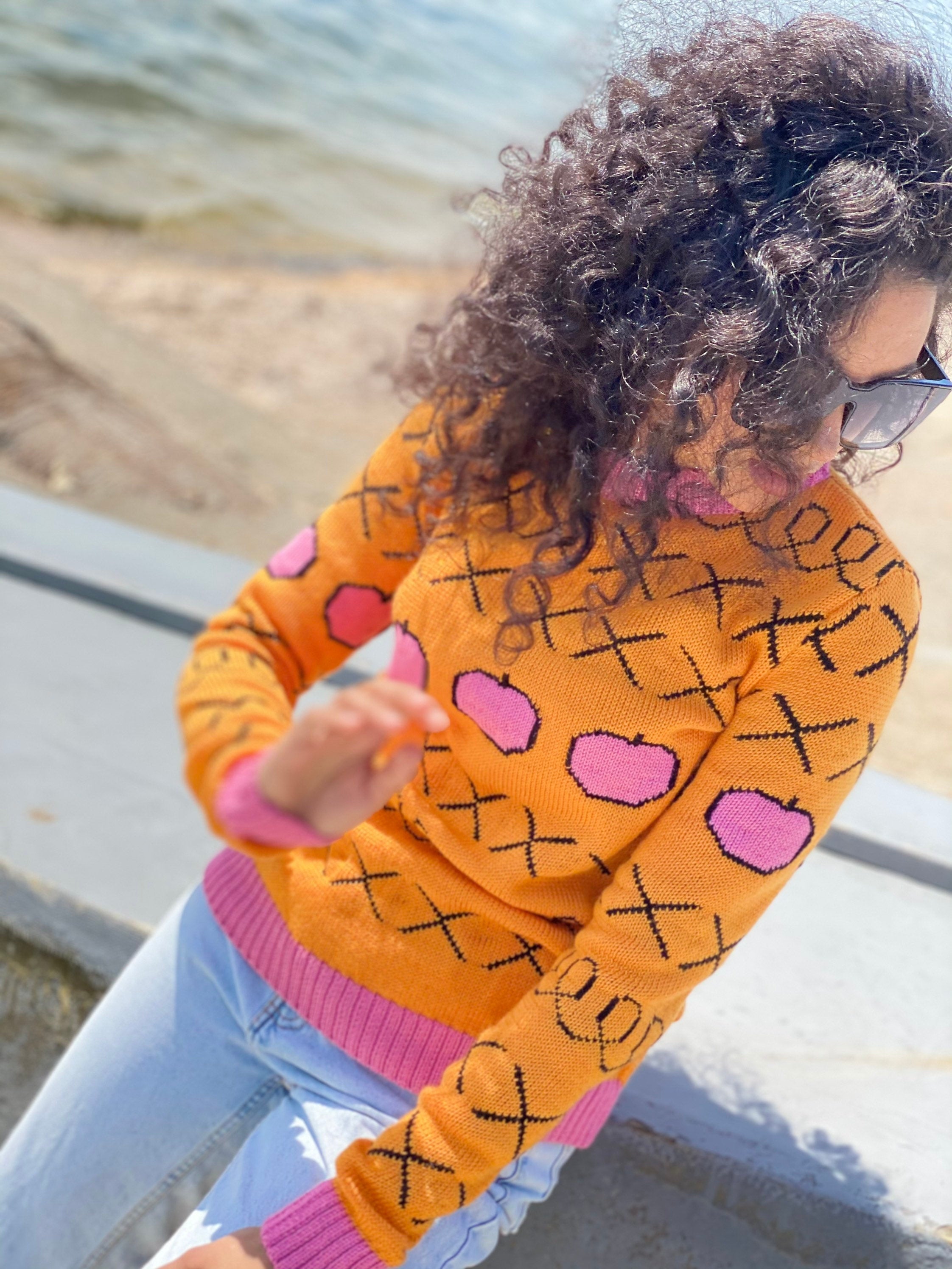 Pink apples orange knit Sweater/Merino wool mixture X sweater unisex/yellow orange pink Sweater /knit sweater unisex