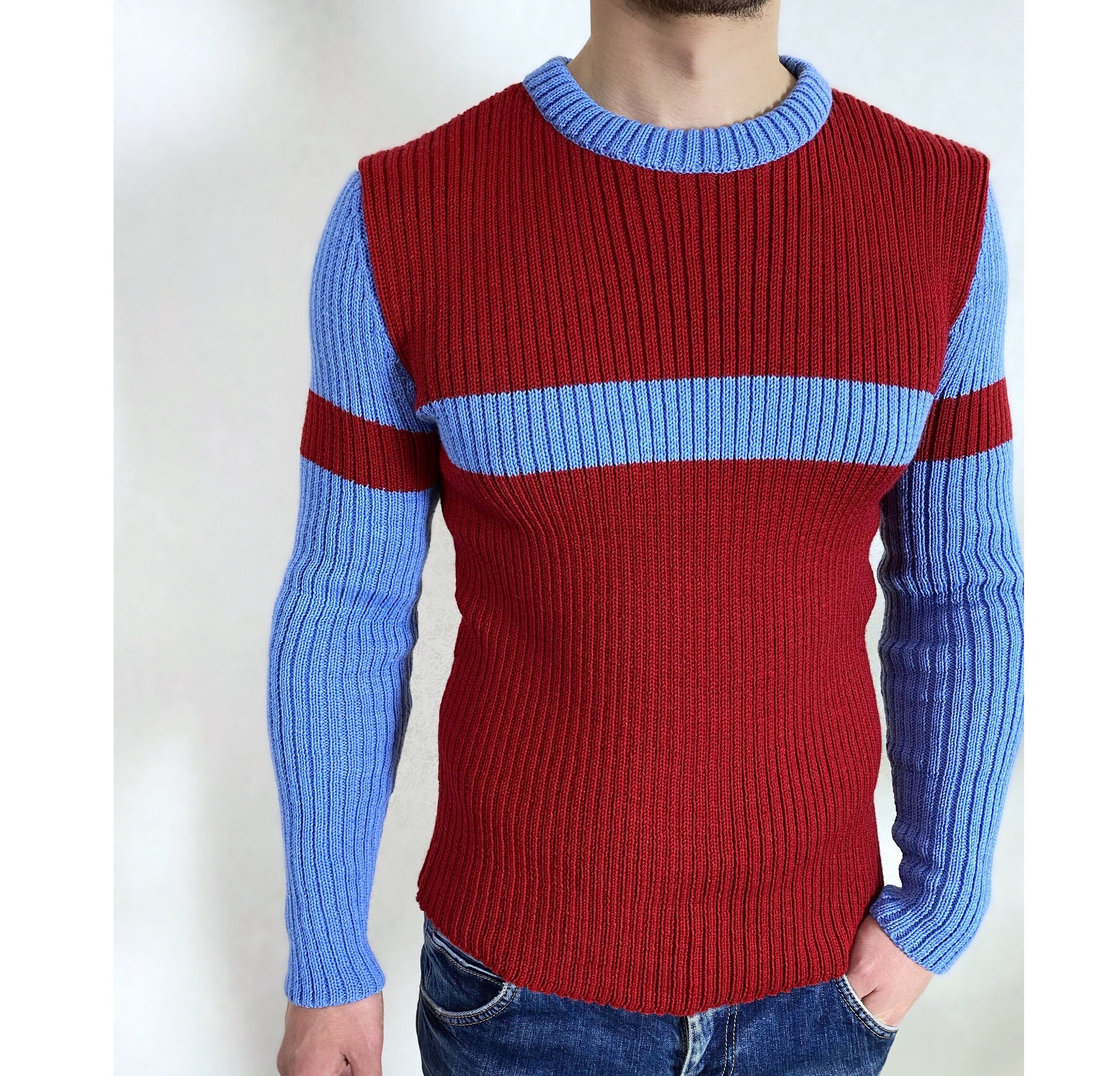 Hand knit mens sweater Men's turtleneck Yellow Red mens knitted sweater Men’s striped sweater gift for bestie Ribbed turtleneck sweater