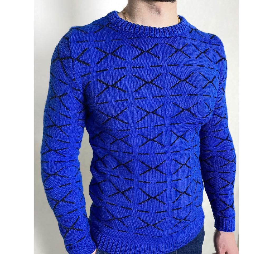 Funny printed hand knitted X sweater Blue Black Cross Pullover Merino wool mens sweater Striped sweater Round collar Funny gift for him
