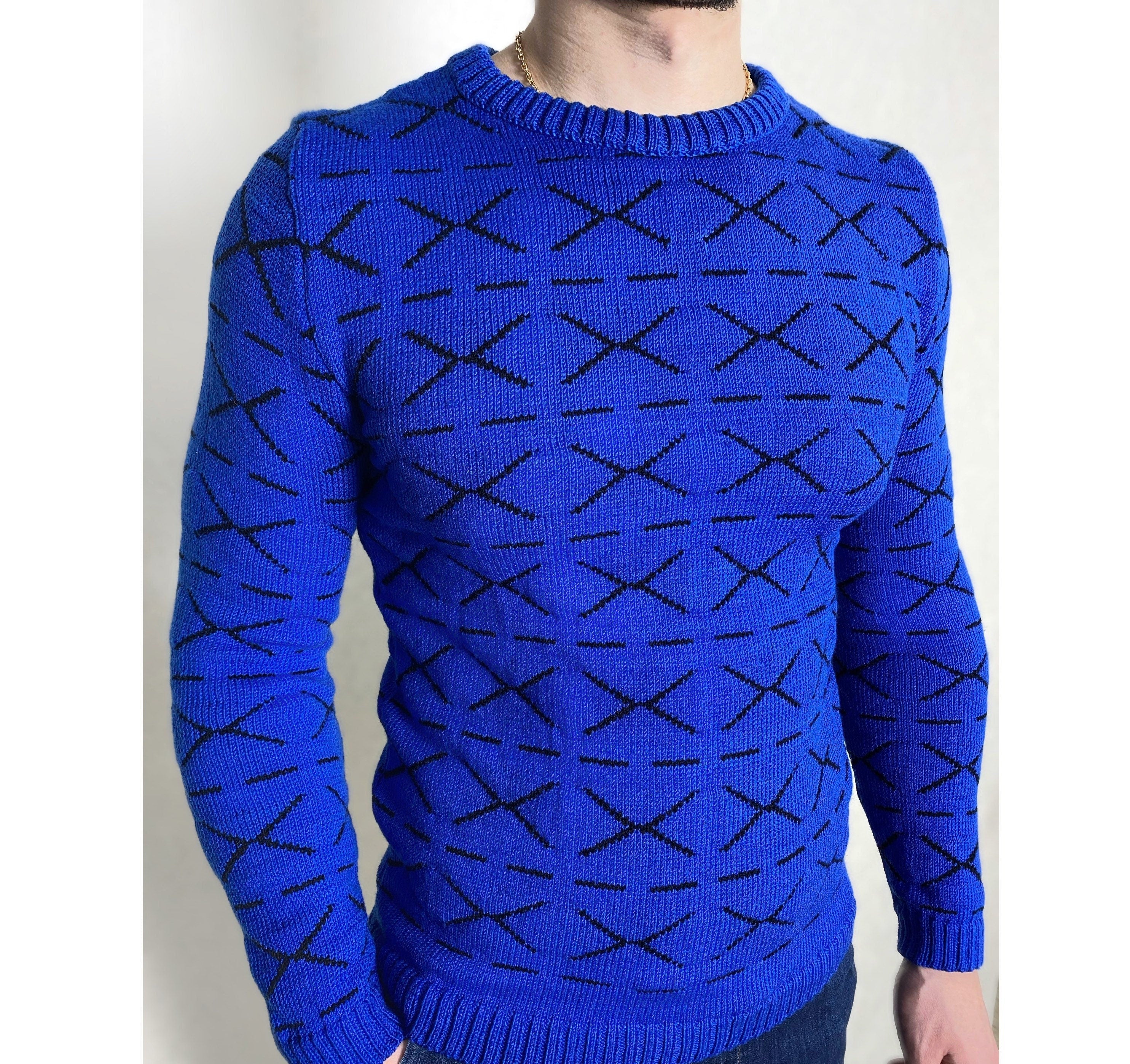 Funny printed hand knitted X sweater Blue Black Cross Pullover Merino wool mens sweater Striped sweater Round collar Funny gift for him