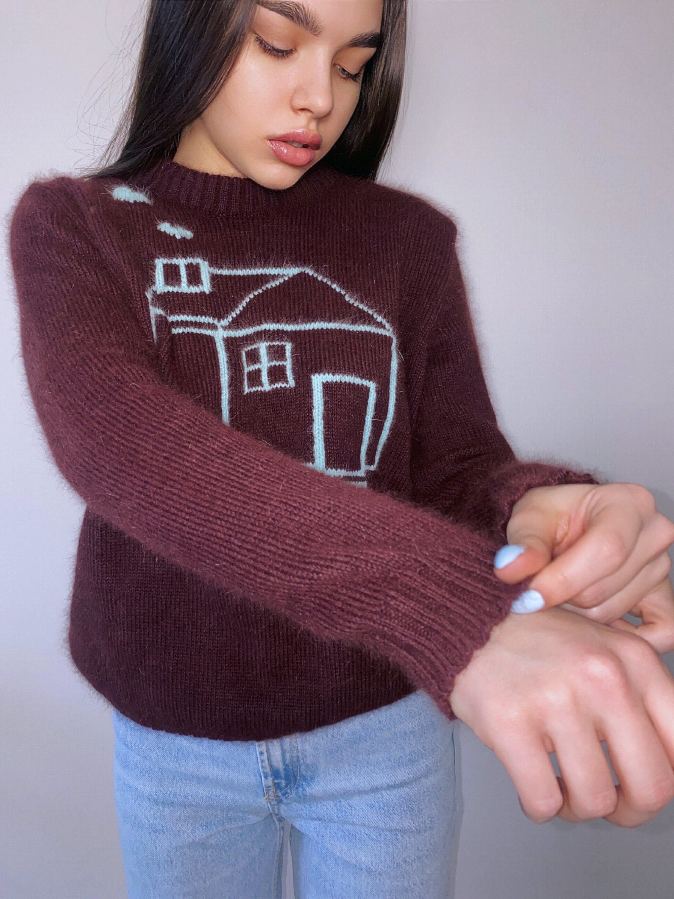 Premium angora soft wool hand knit brown blue green sweater Gender neutral pullover Fluffy sweater knitted house Unisex Sweater