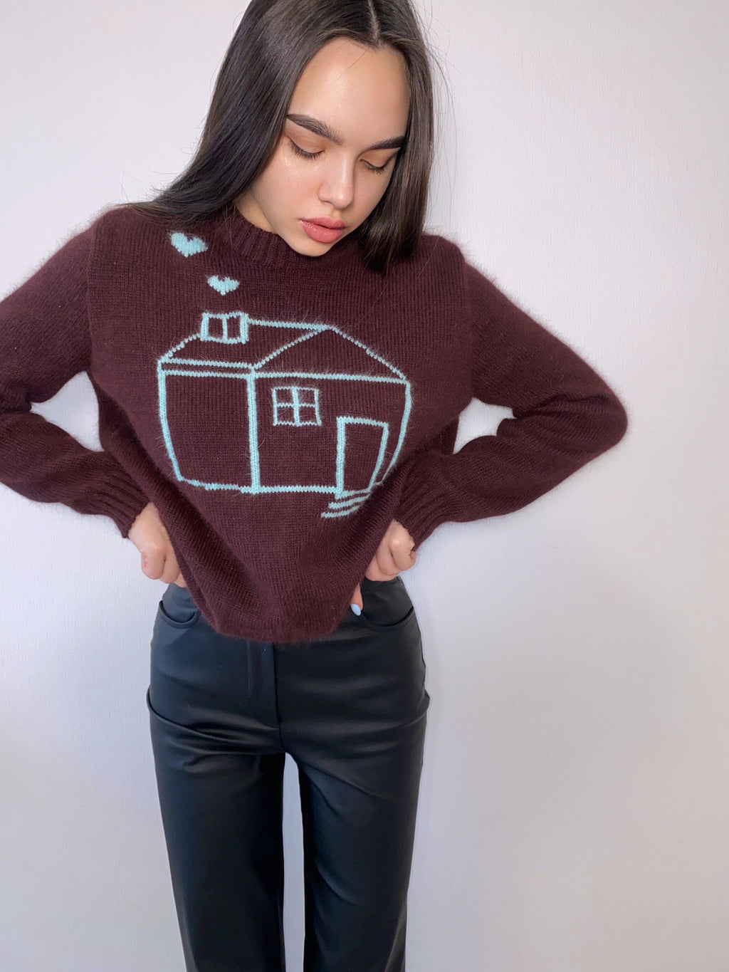 Premium angora soft wool hand knit brown blue green sweater Gender neutral pullover Fluffy sweater knitted house Unisex Sweater