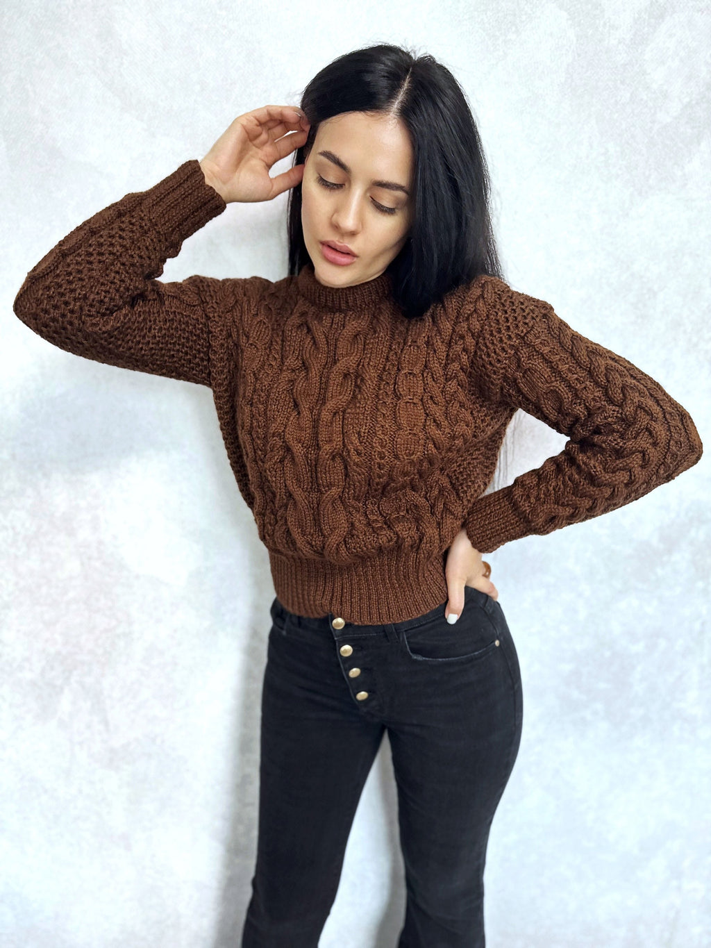 Crop knit Chocolate aran sweater top women/hand knit jumper/Cable knitting/Loose knit/Oversized/women many colors knitted sweater/High waist