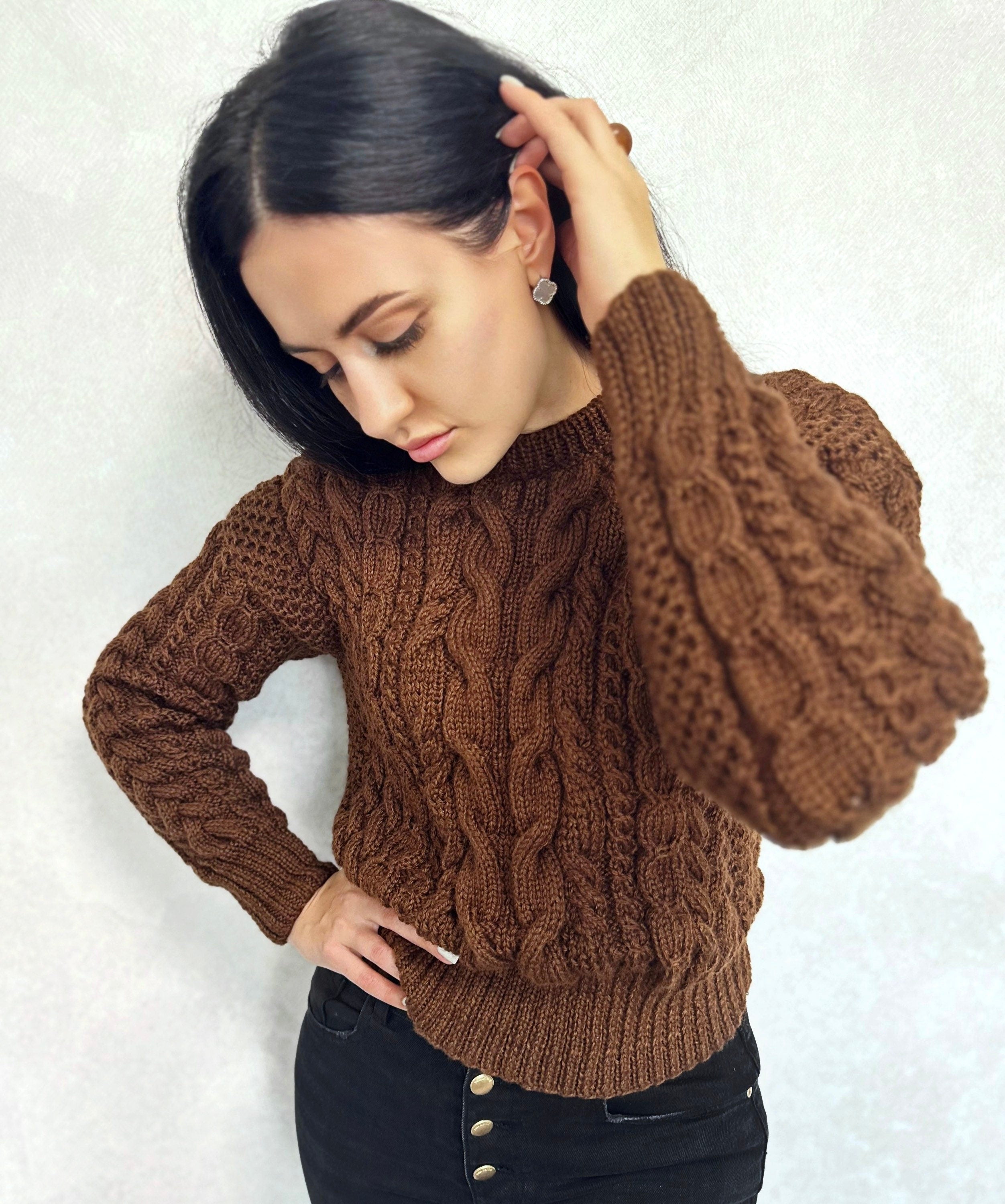 Crop knit Chocolate aran sweater top women/hand knit jumper/Cable knitting/Loose knit/Oversized/women many colors knitted sweater/High waist